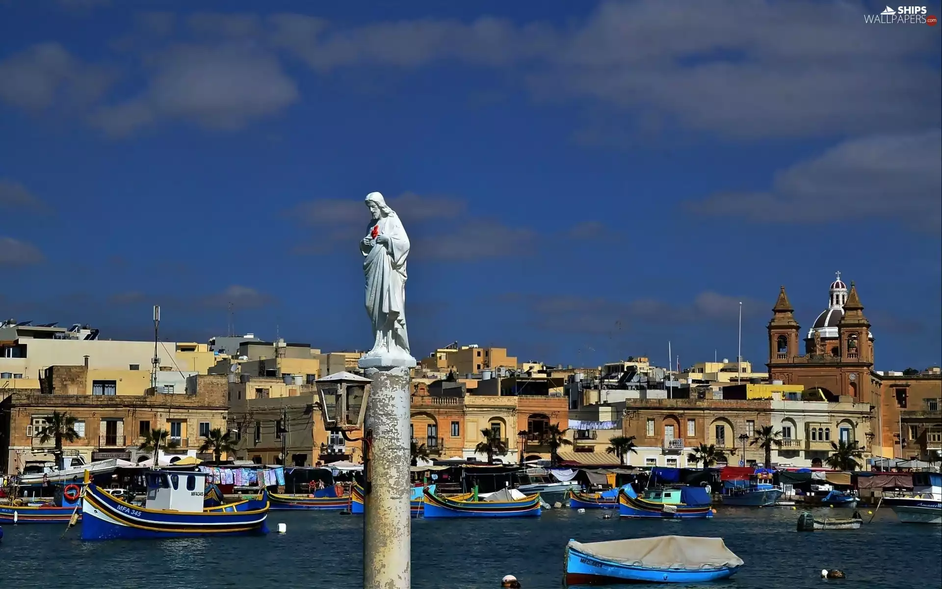 Monument, Town, Houses, Malta, boats, fishing