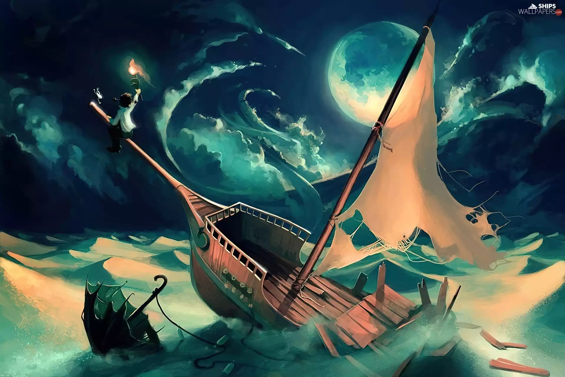 sea, moon, a man, Boat, Cyril Rolando