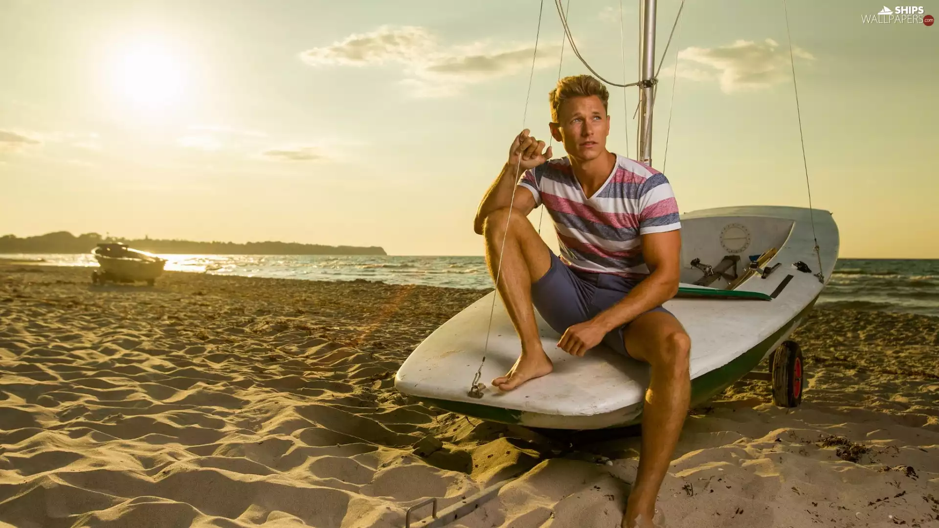Sand, sea, a man, model, Boat, Beaches
