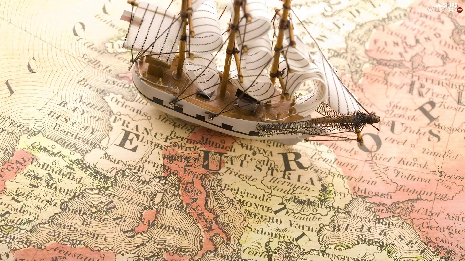 Old, model, ship, Map