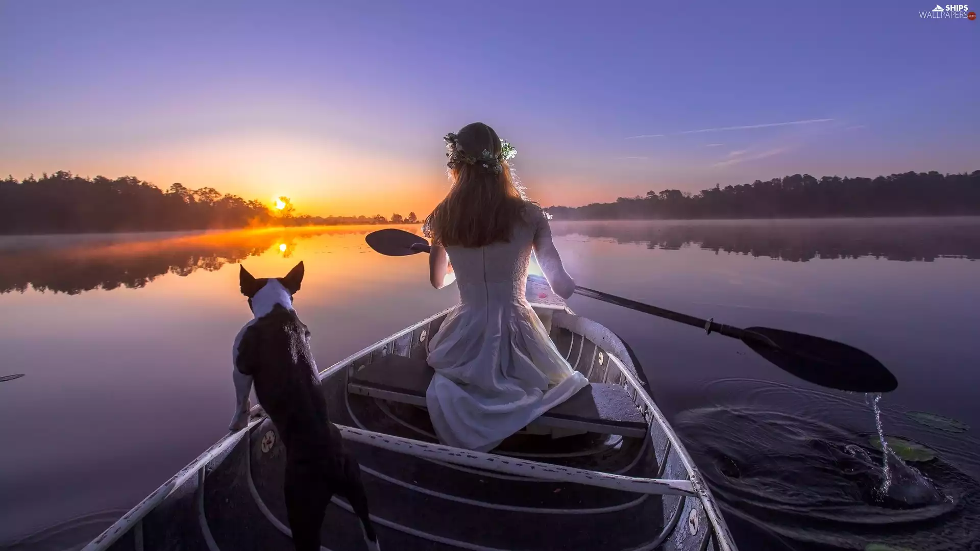 Boat, Women, Sunrise, marriage, lake, dog