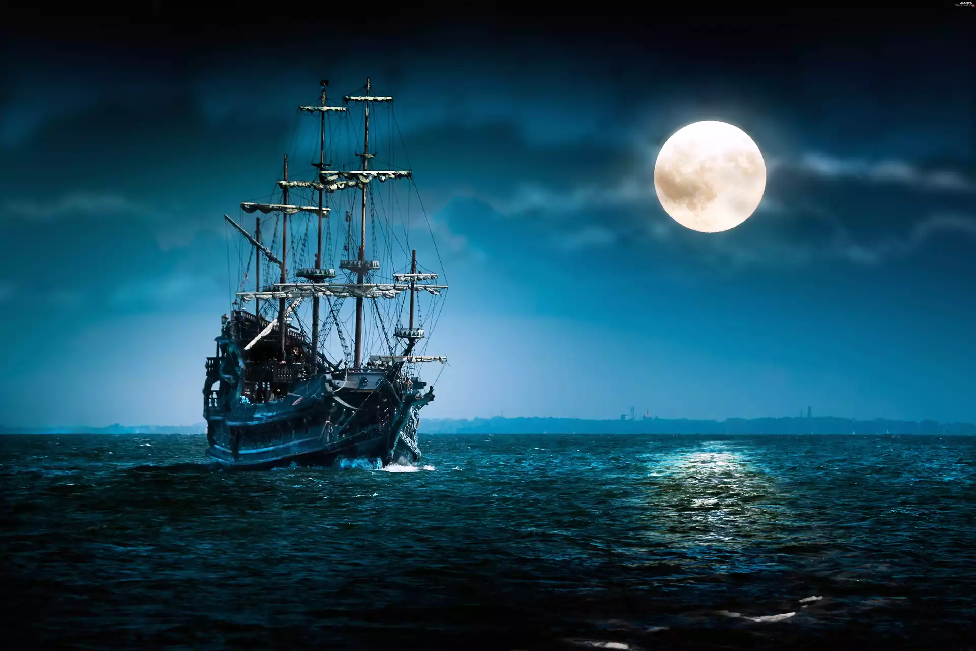 moon, Ship, sea