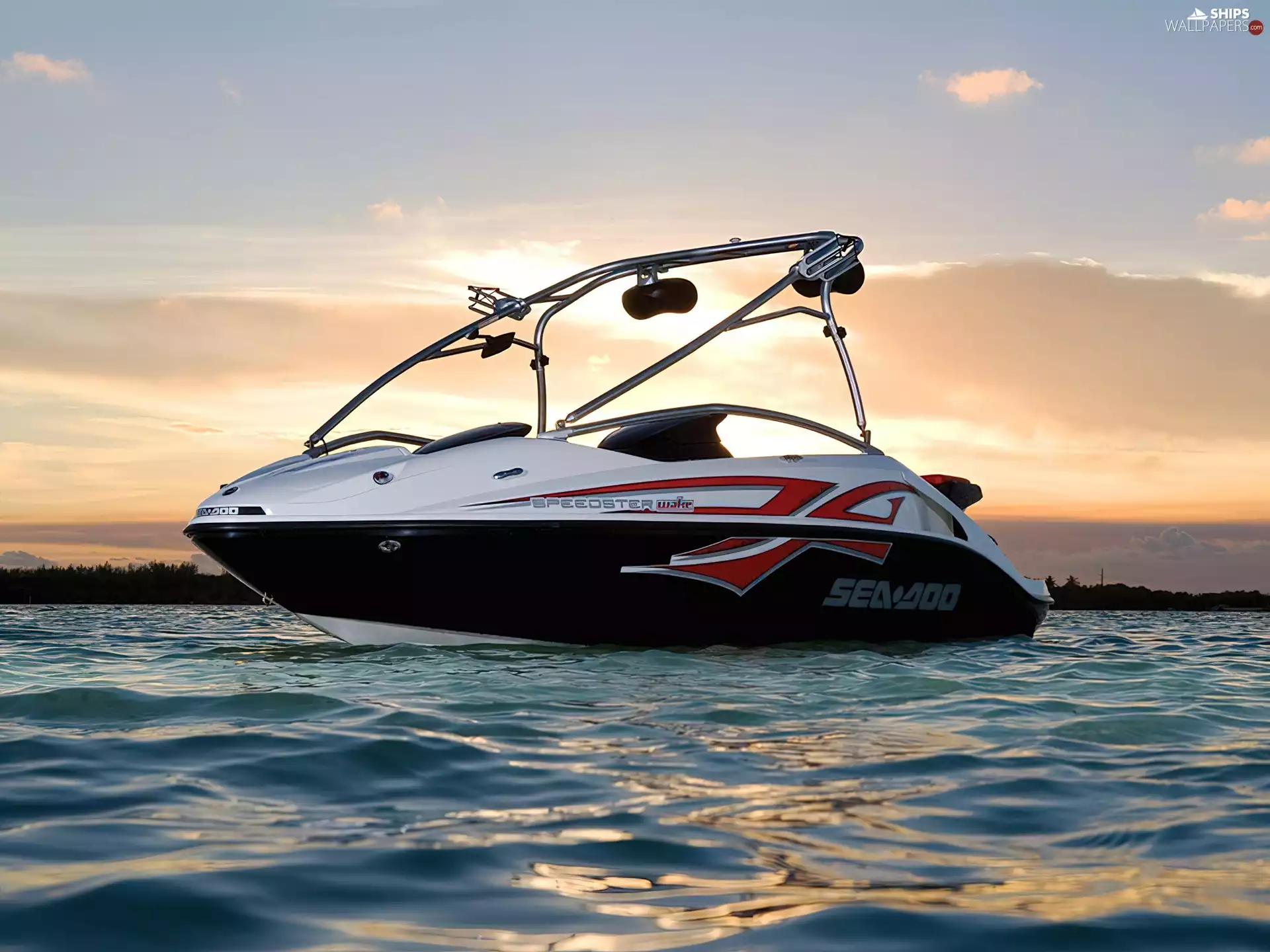 lake, Motor boat, Great Sunsets