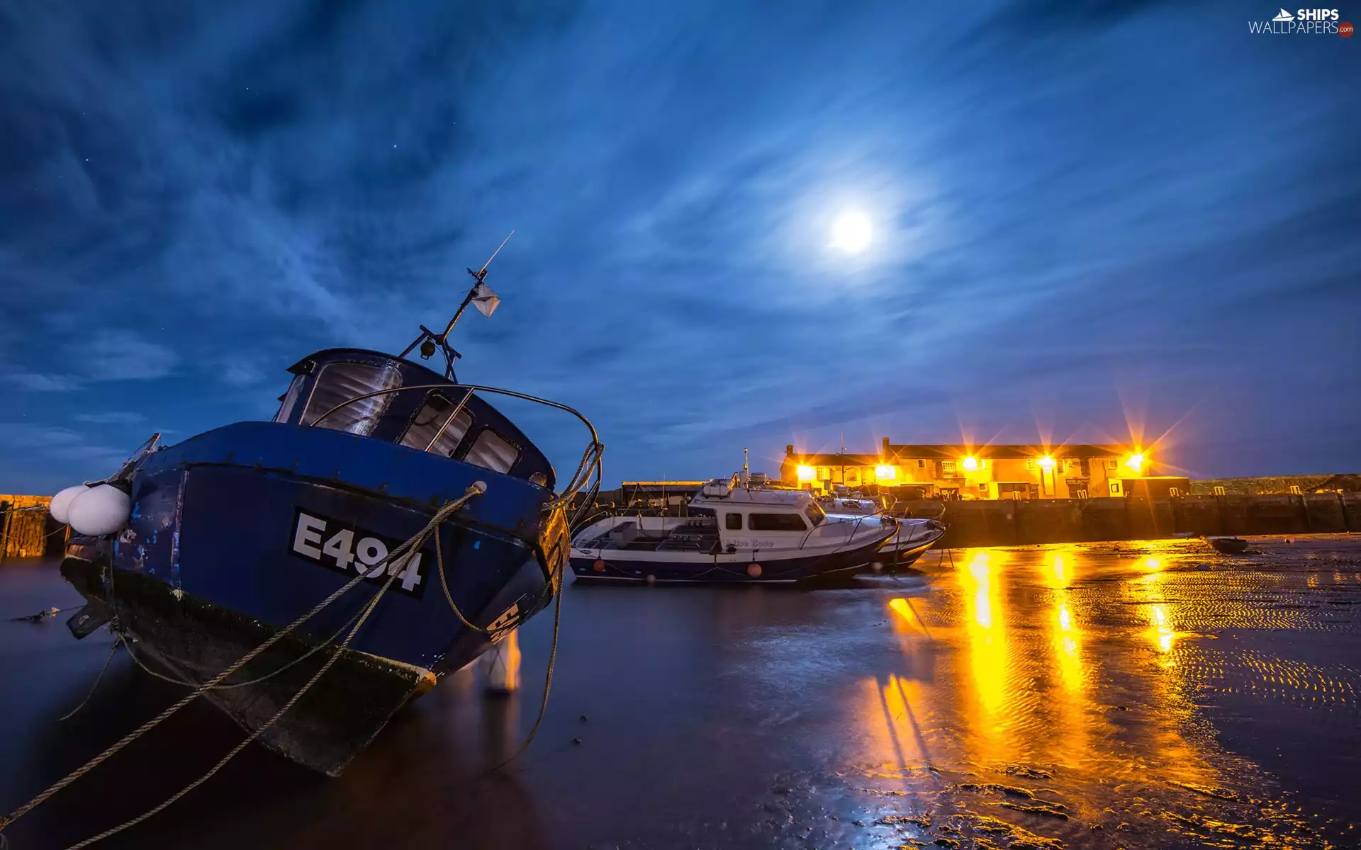 Harbour, moon, bath-tub, sea, Night, light, motorboat