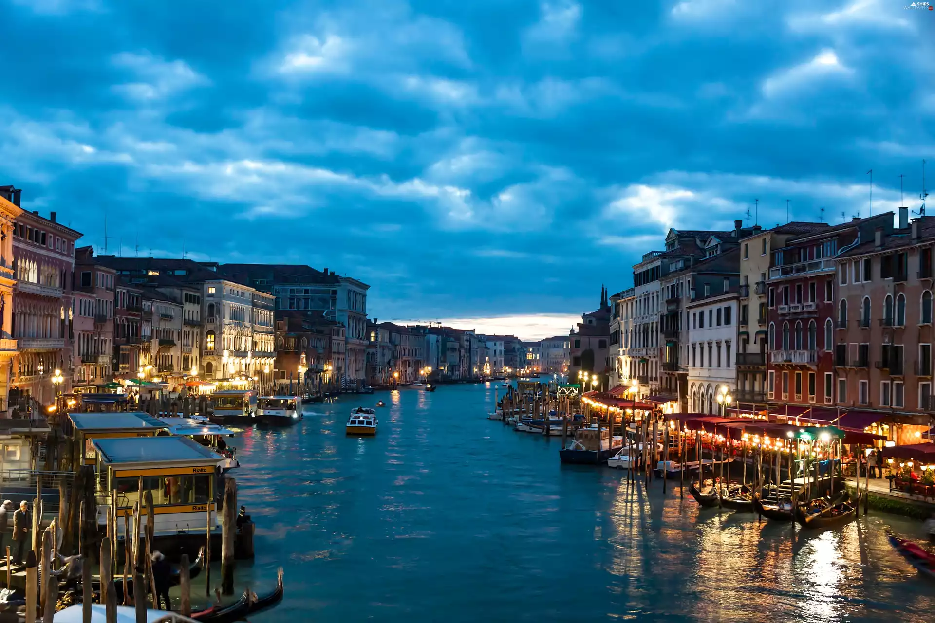 Gondolas, motorboat, Houses, canal, Venice