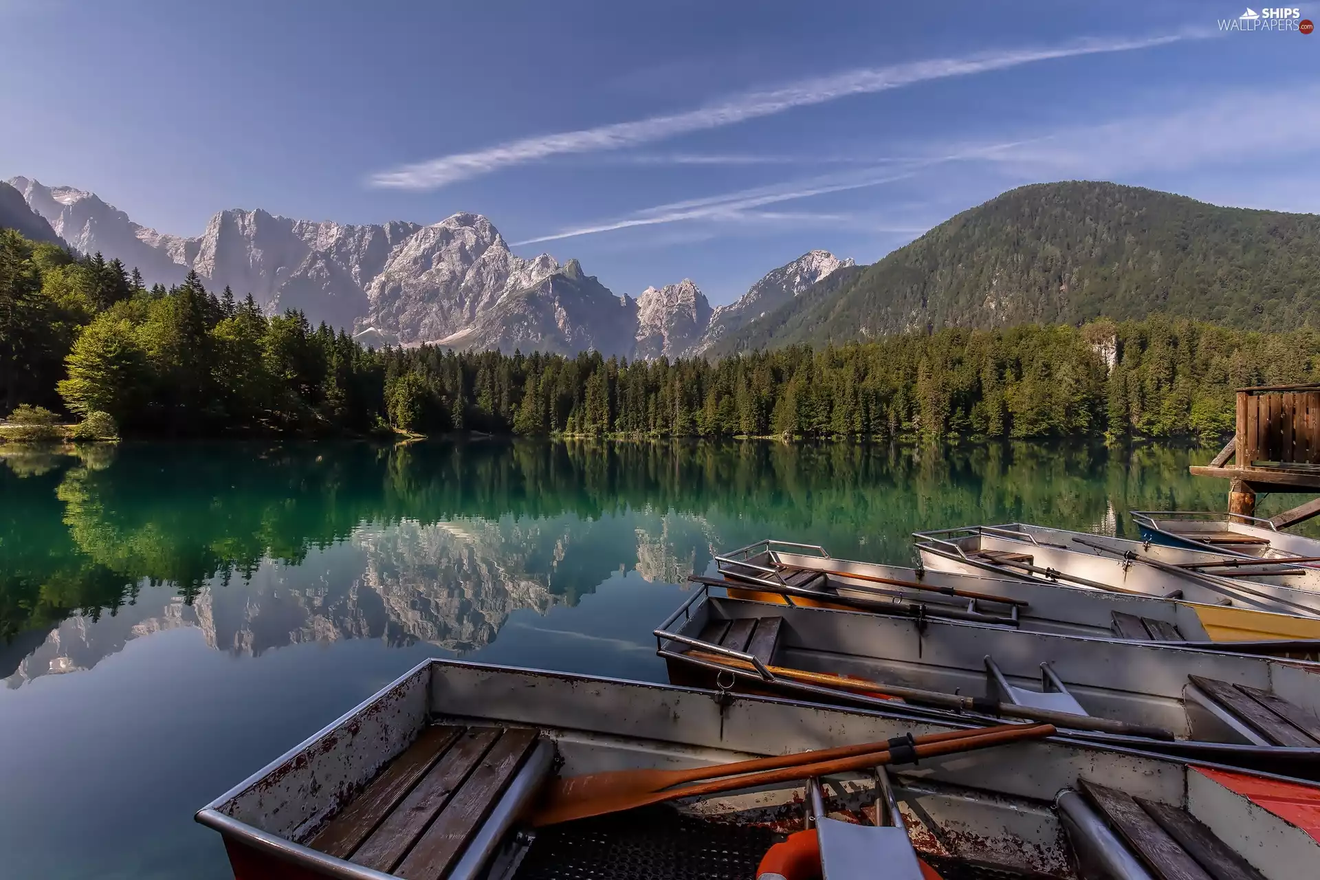 boats, forest, lake, Mountains