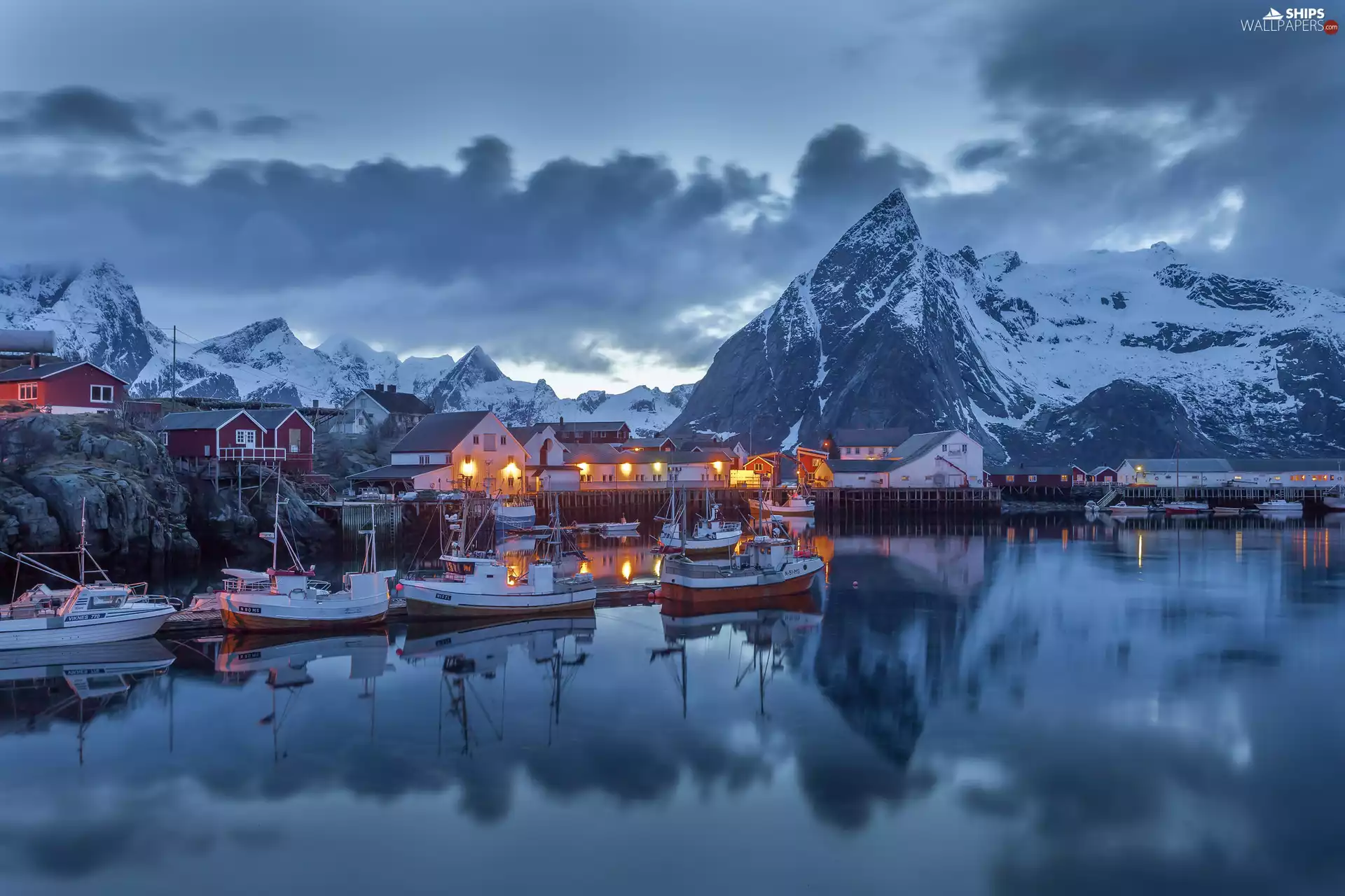 Boats, winter, Norway, Mountains