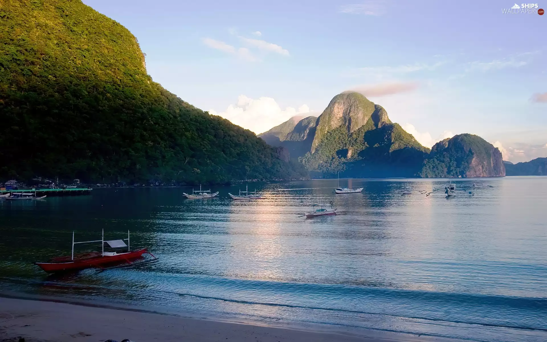 boats, sea, Philippines, Mountains