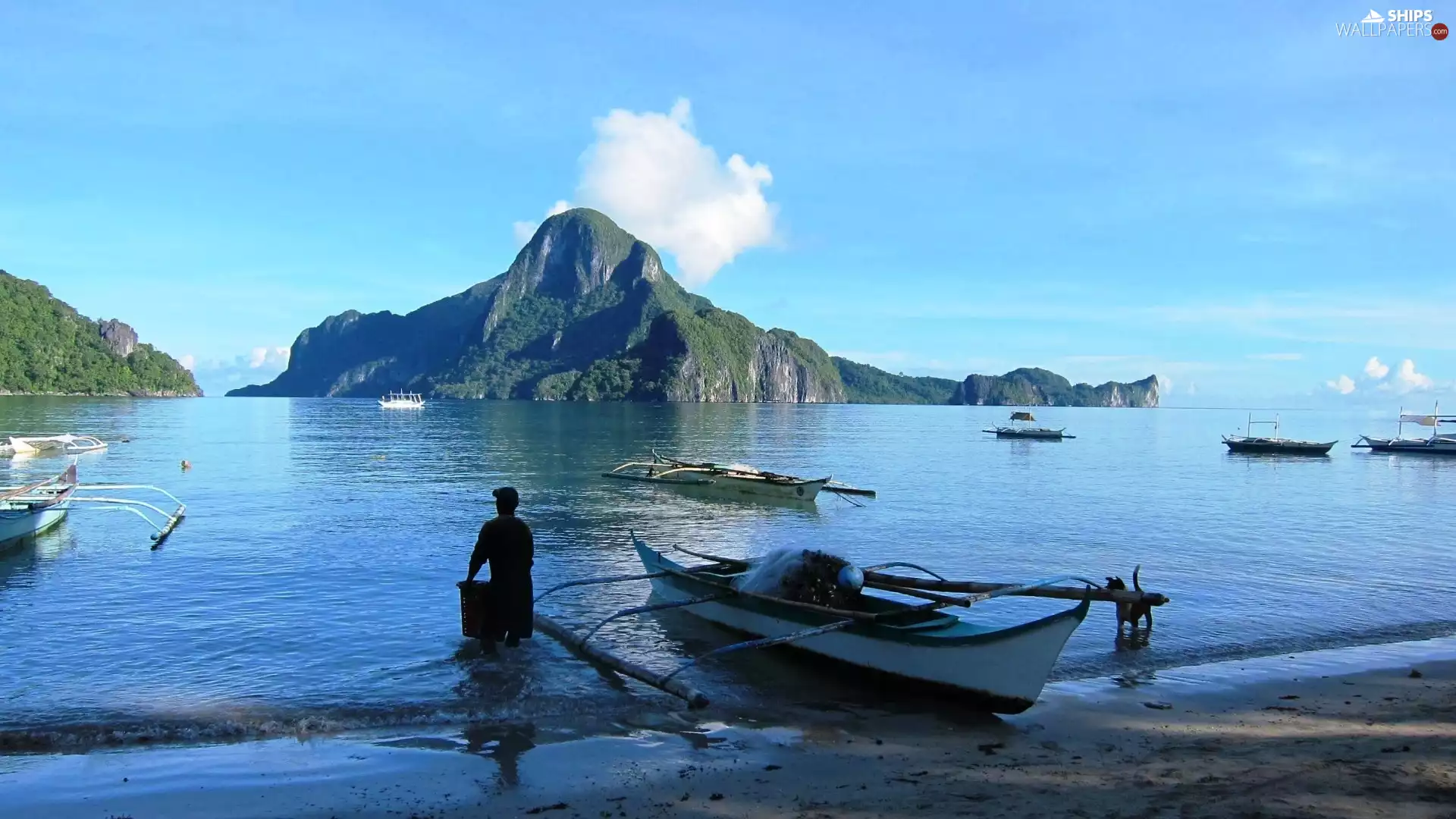 boats, sea, Philippines, Mountains