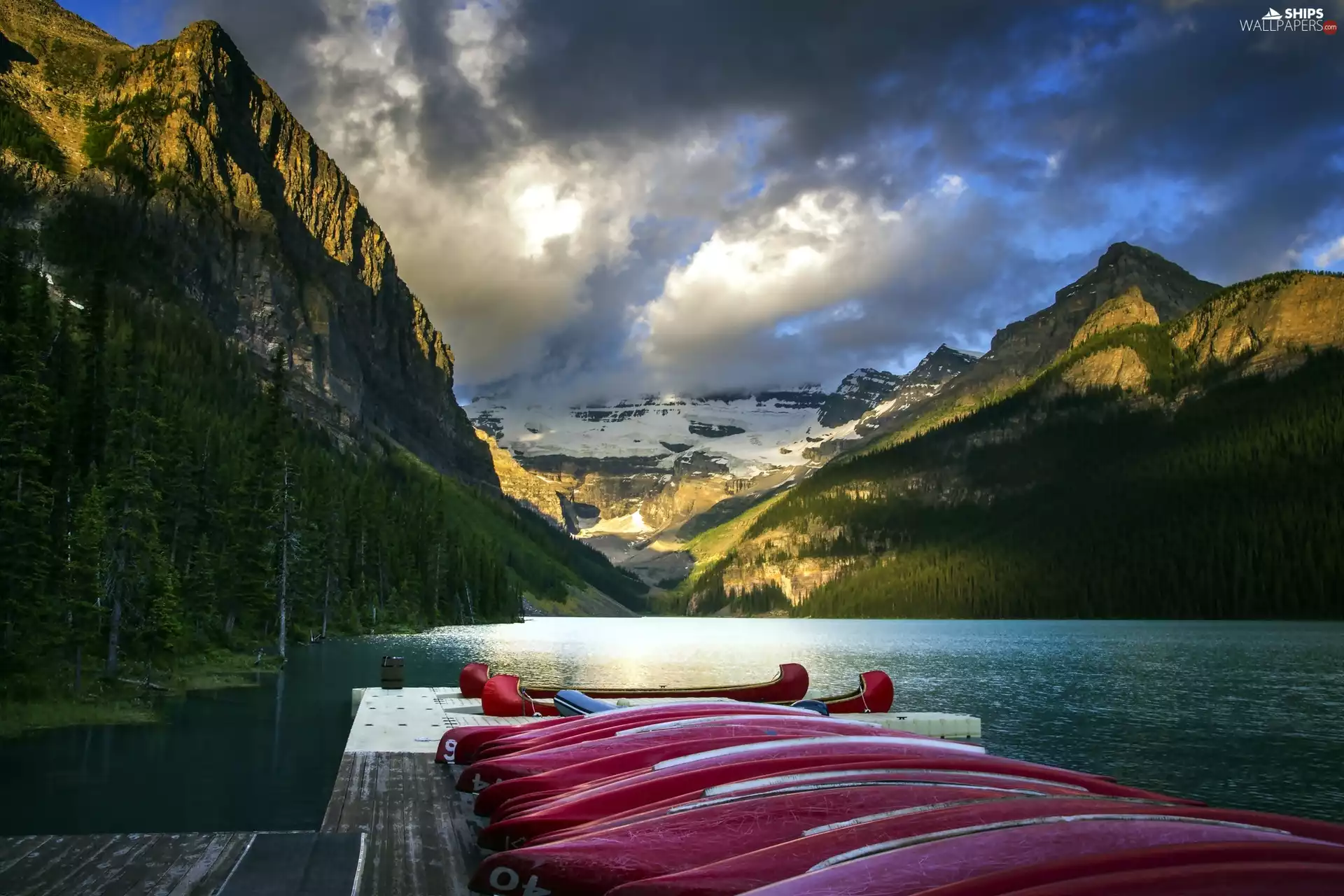 boats, lake, Platform, Mountains