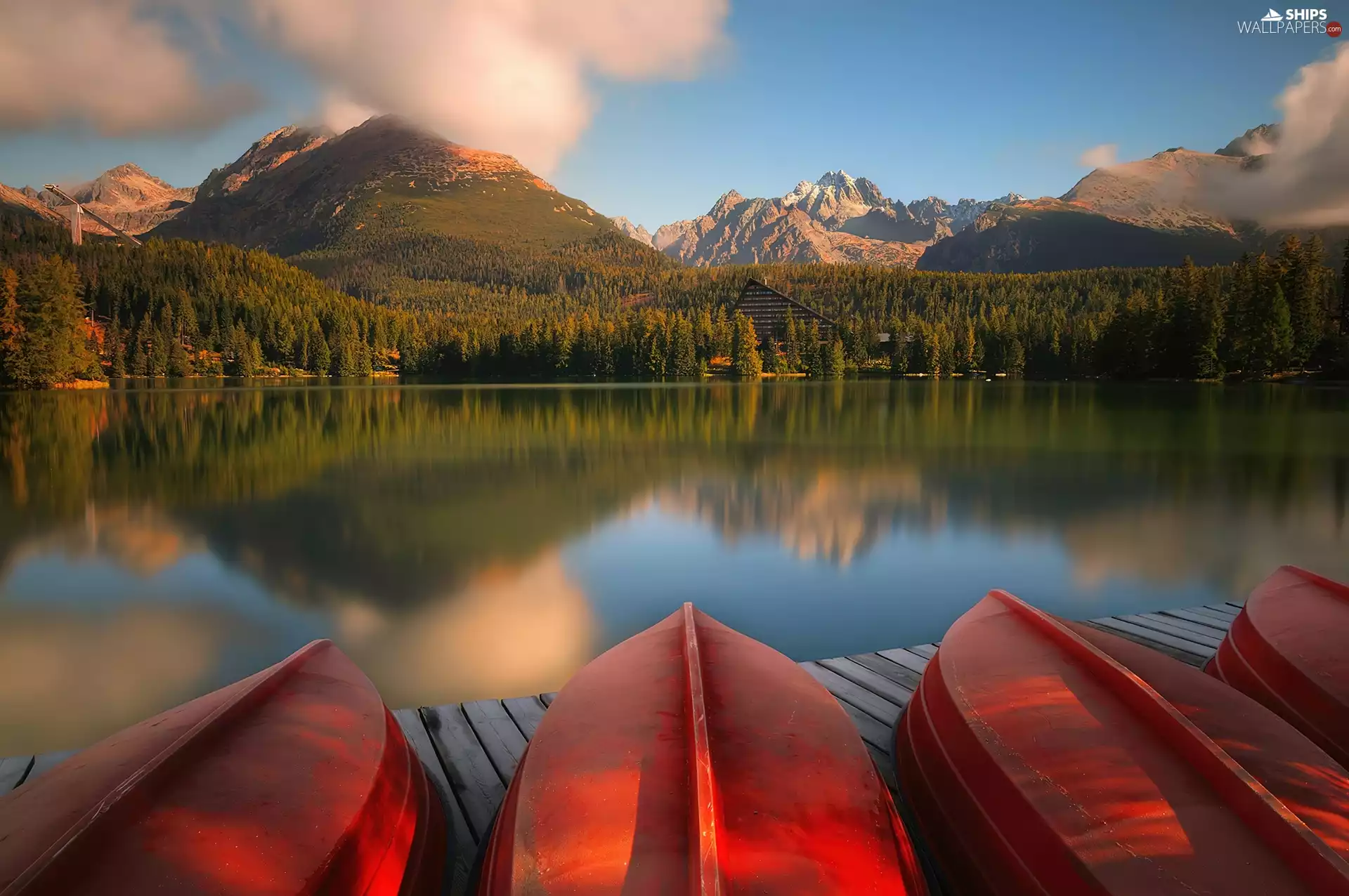Mountains, lake, trees, viewes, clouds, reflection, Boats, Harbour, forest