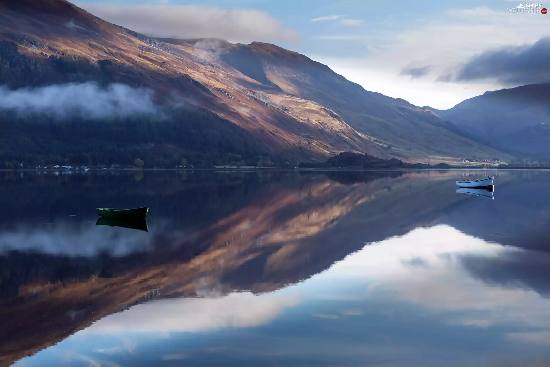 boats, lake, reflection, Mountains