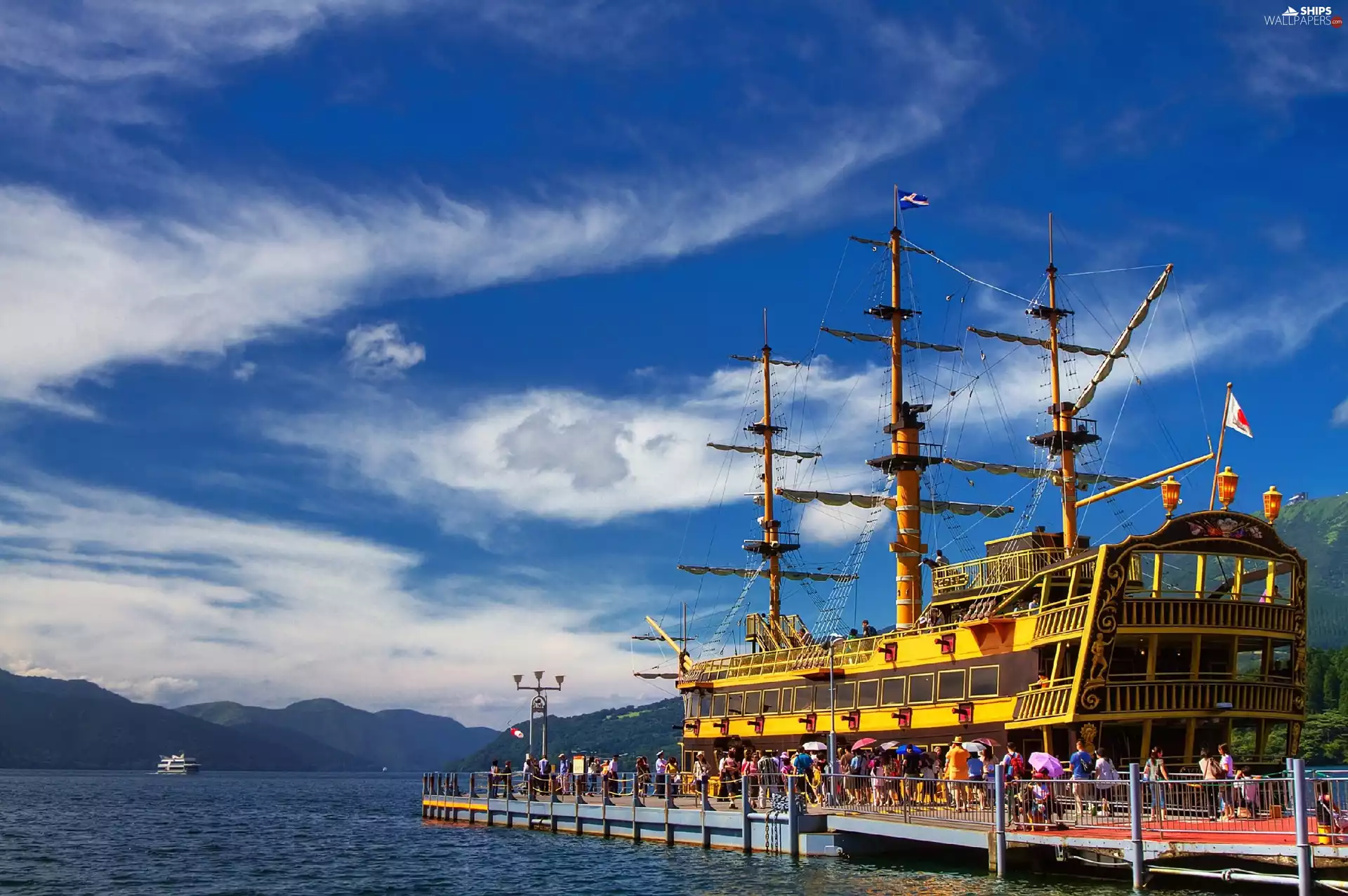 pier, Ship, lake, Mountains, Tourists, cruise