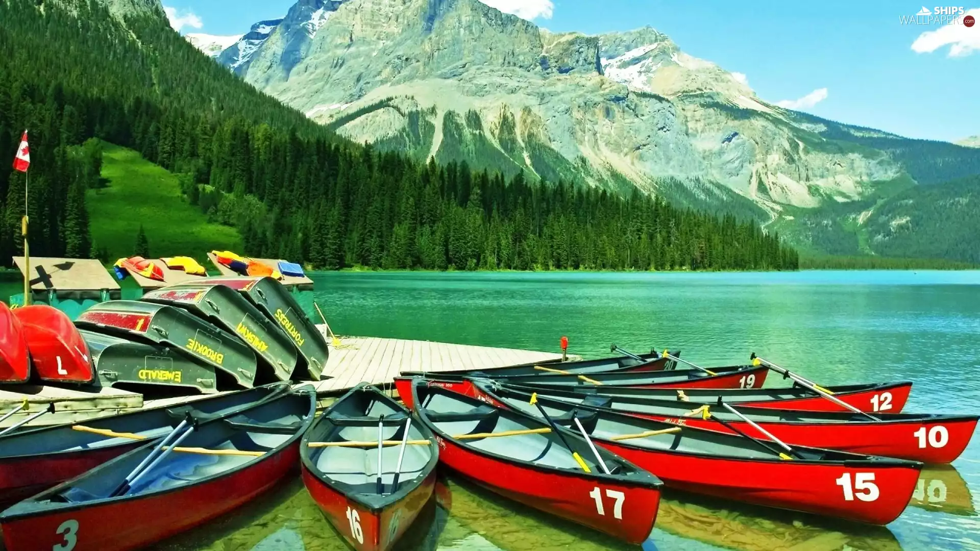 forest, Platform, esmerald, Mountains, Kayaks, lake, Canada