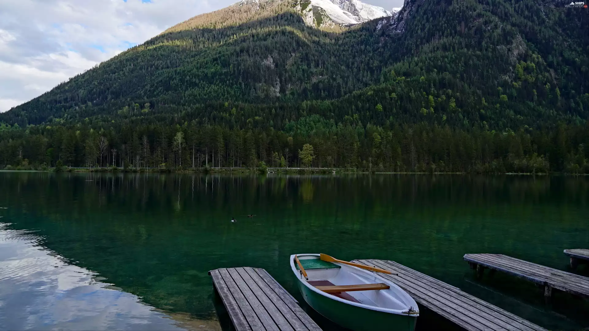 Posts, Boat, lake, Mountains, Platforms, Harbour