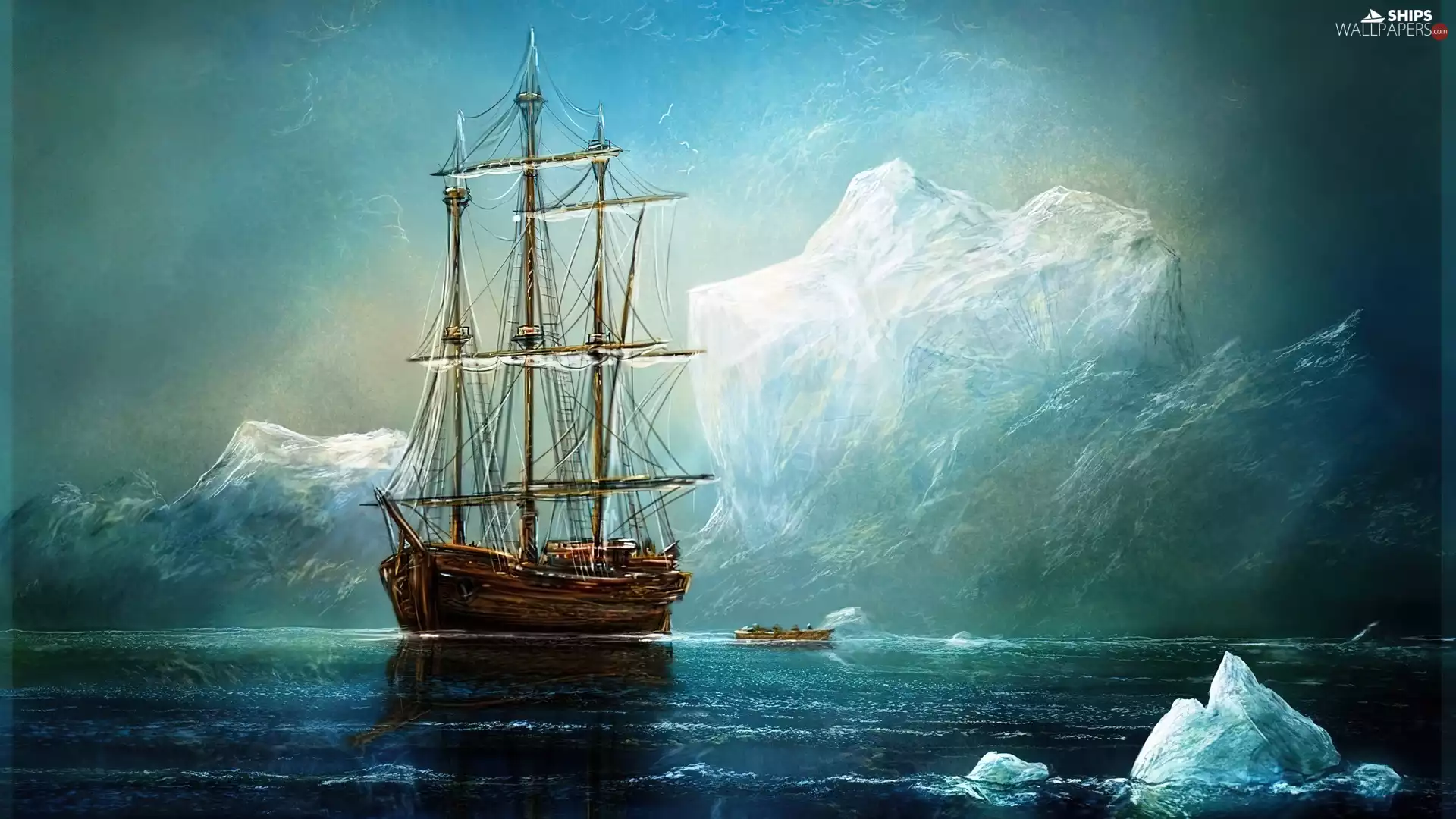 Ice, sailing vessel, mountains