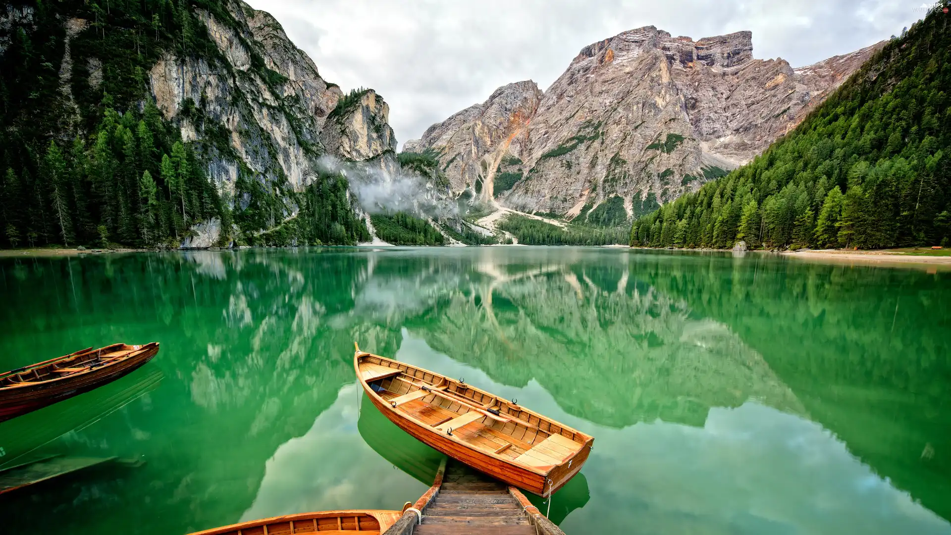 Mountains, Pragser Wildsee Lake, Platform, Tirol, Italy, Dolomites, boats