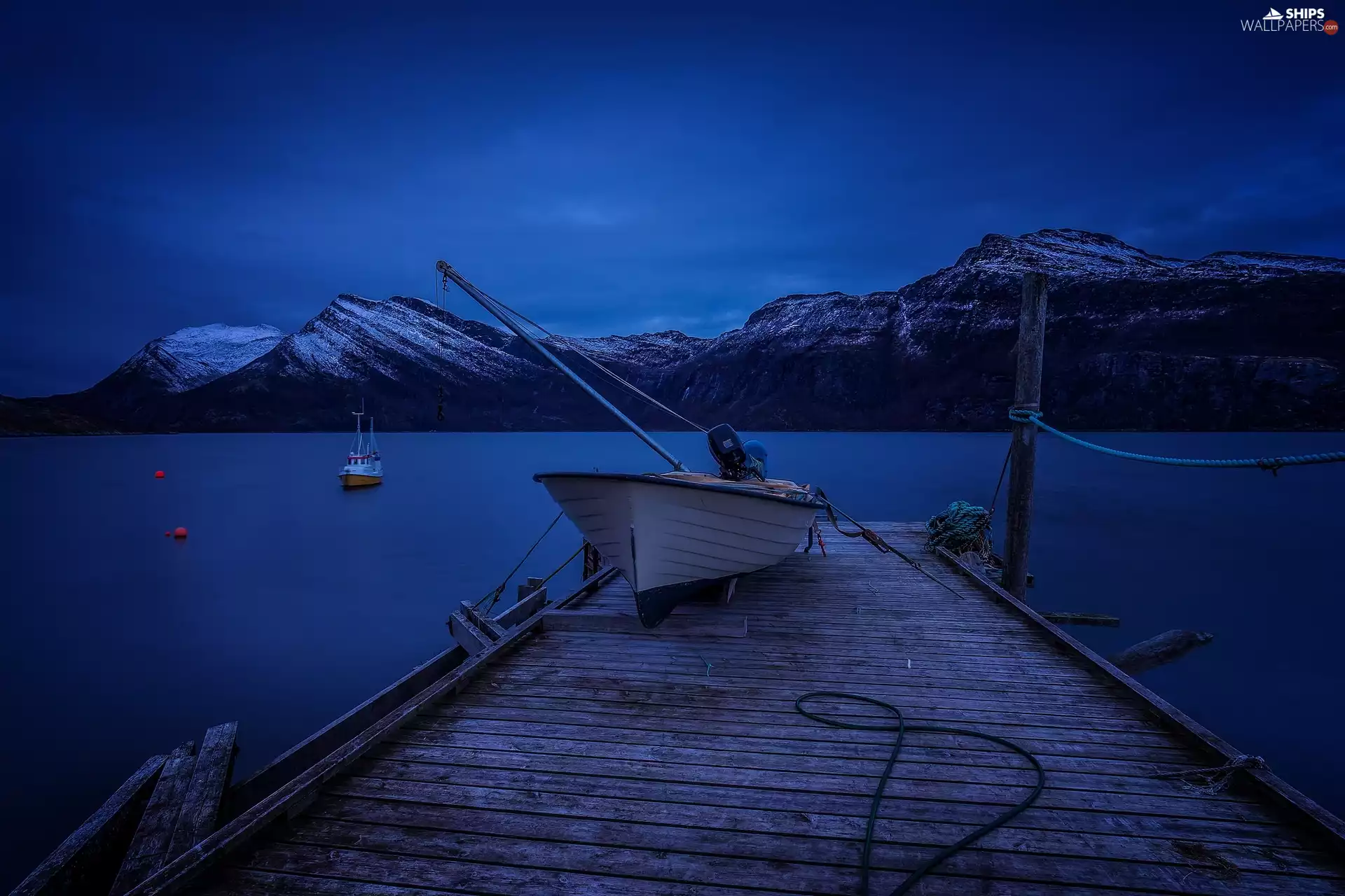 lake, Platform, Boat, Mountains