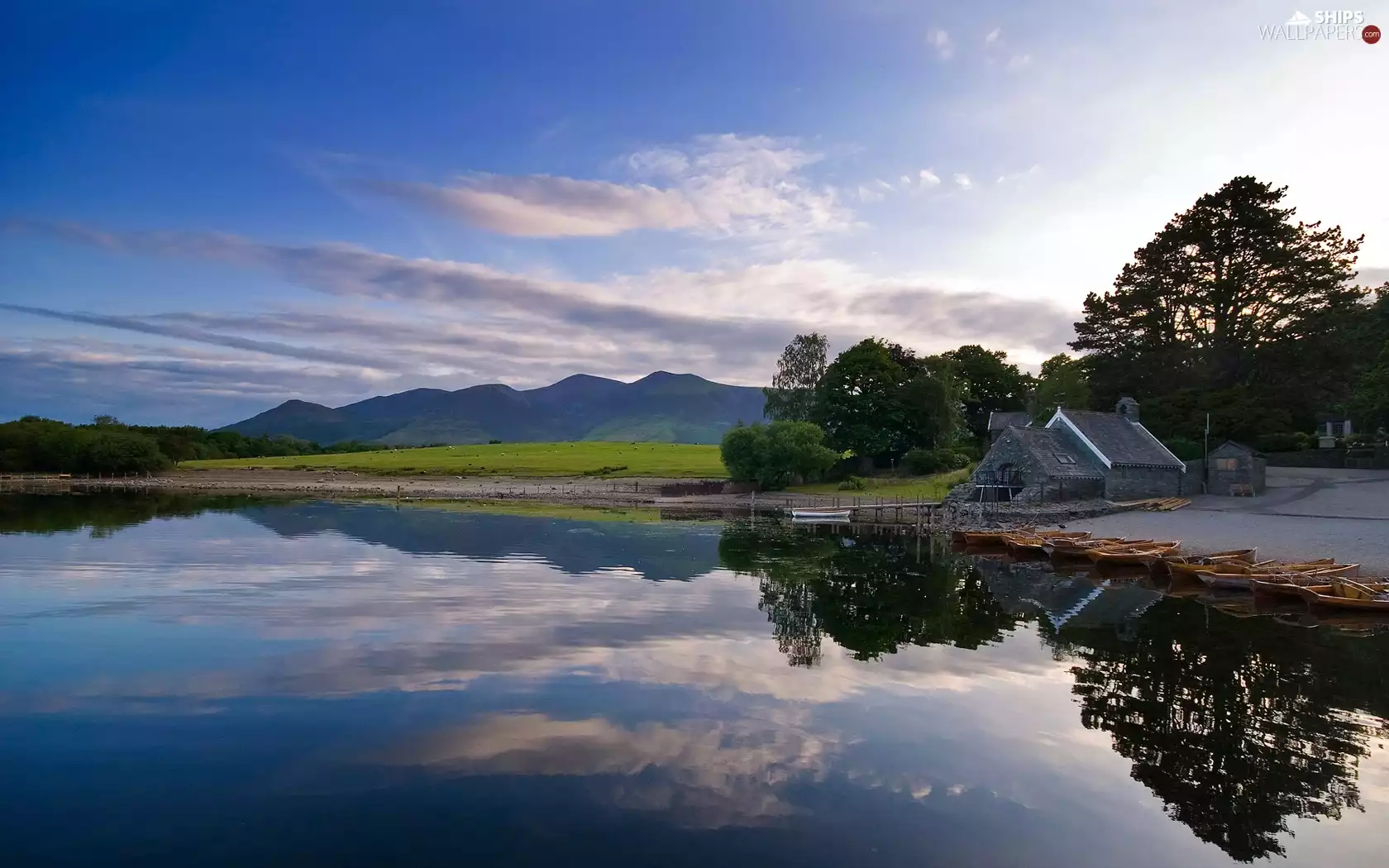 lake, coast, boats, Mountains