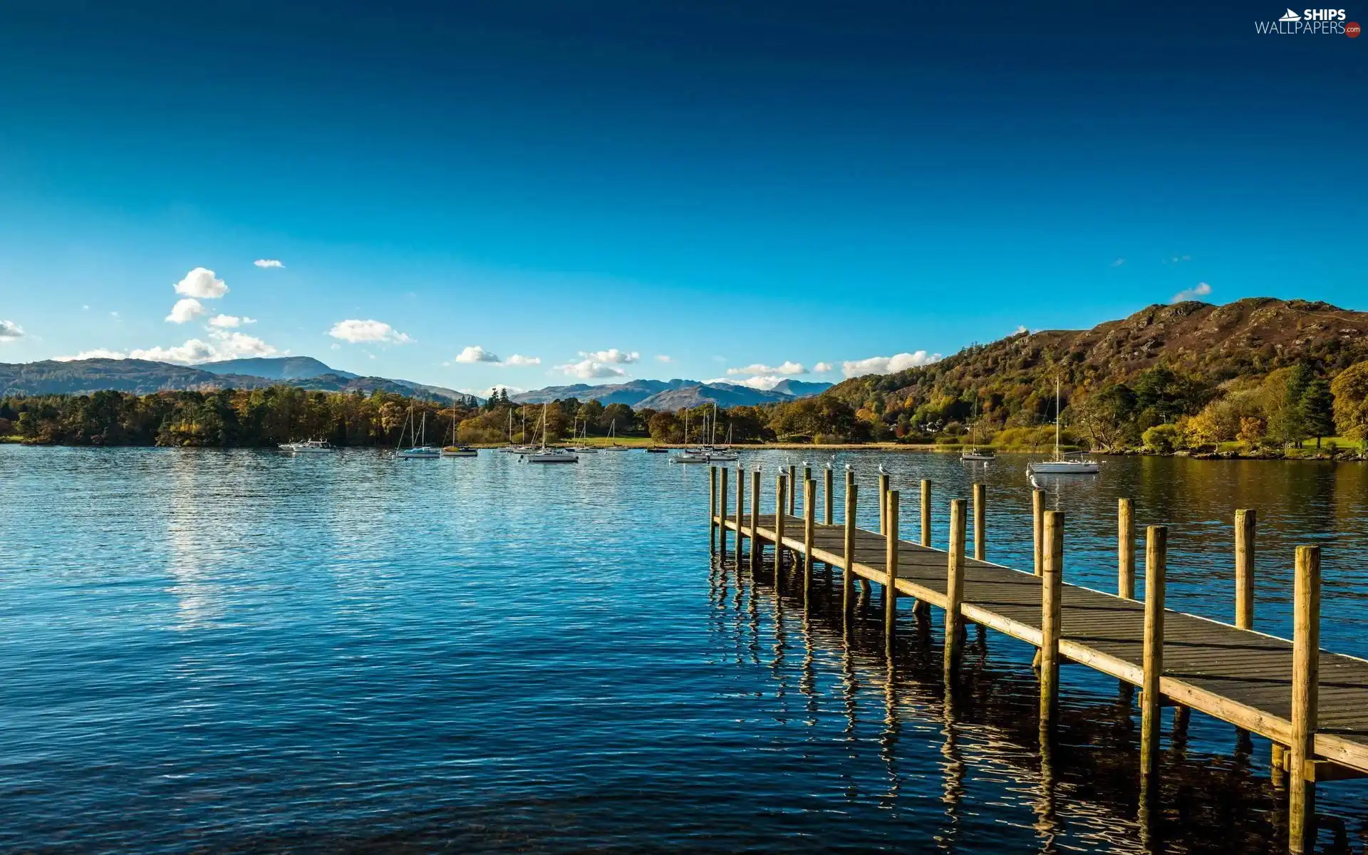 lake, Boats, Mountains, Platform