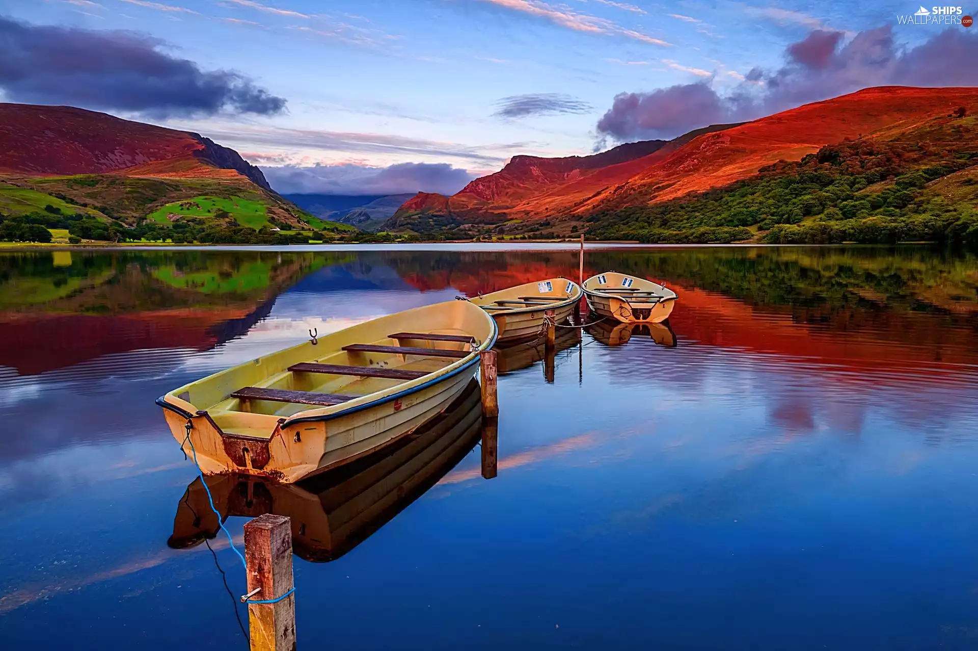 lake, reflection, boats, Mountains
