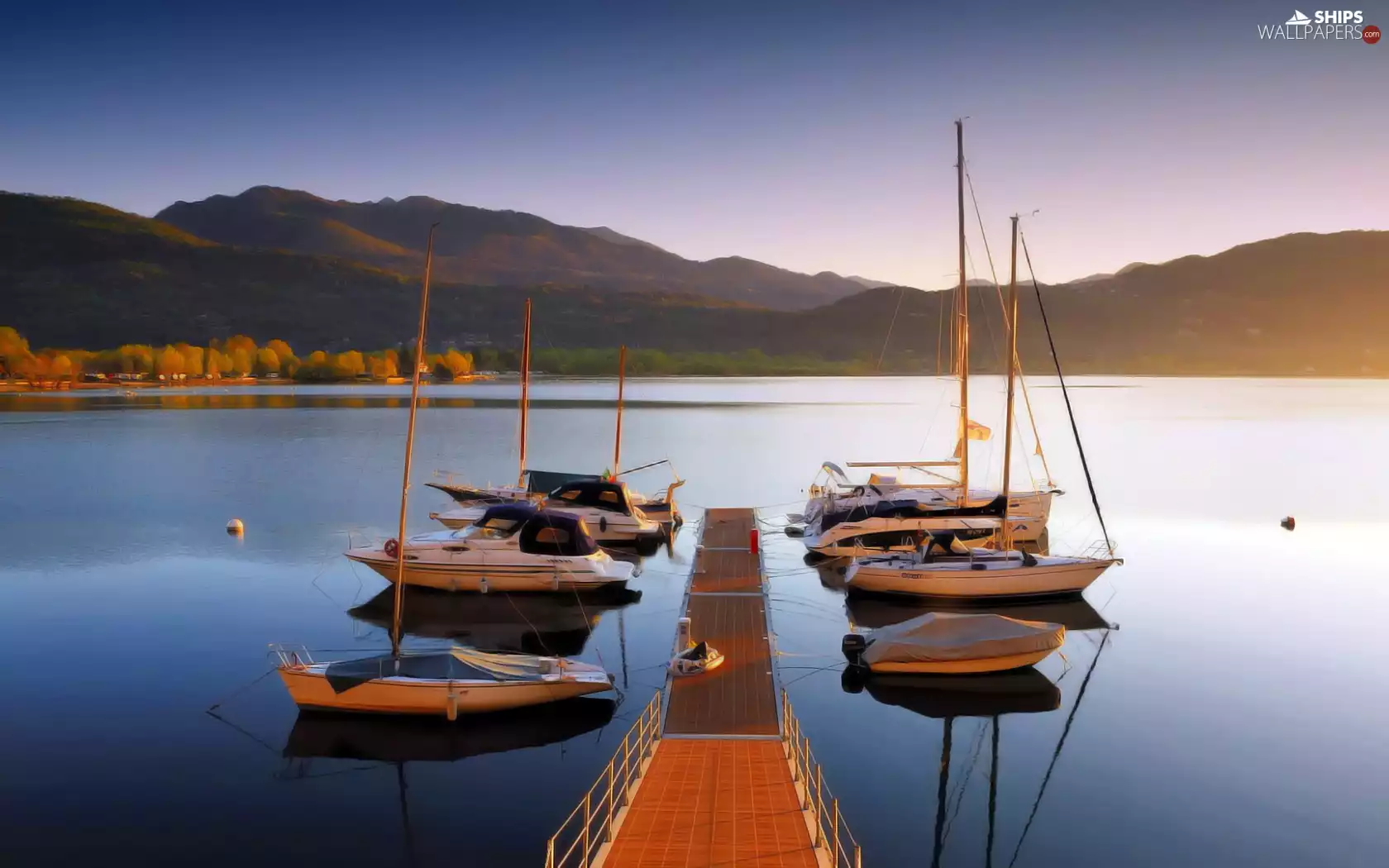 lake, motorboat, Platform, Mountains