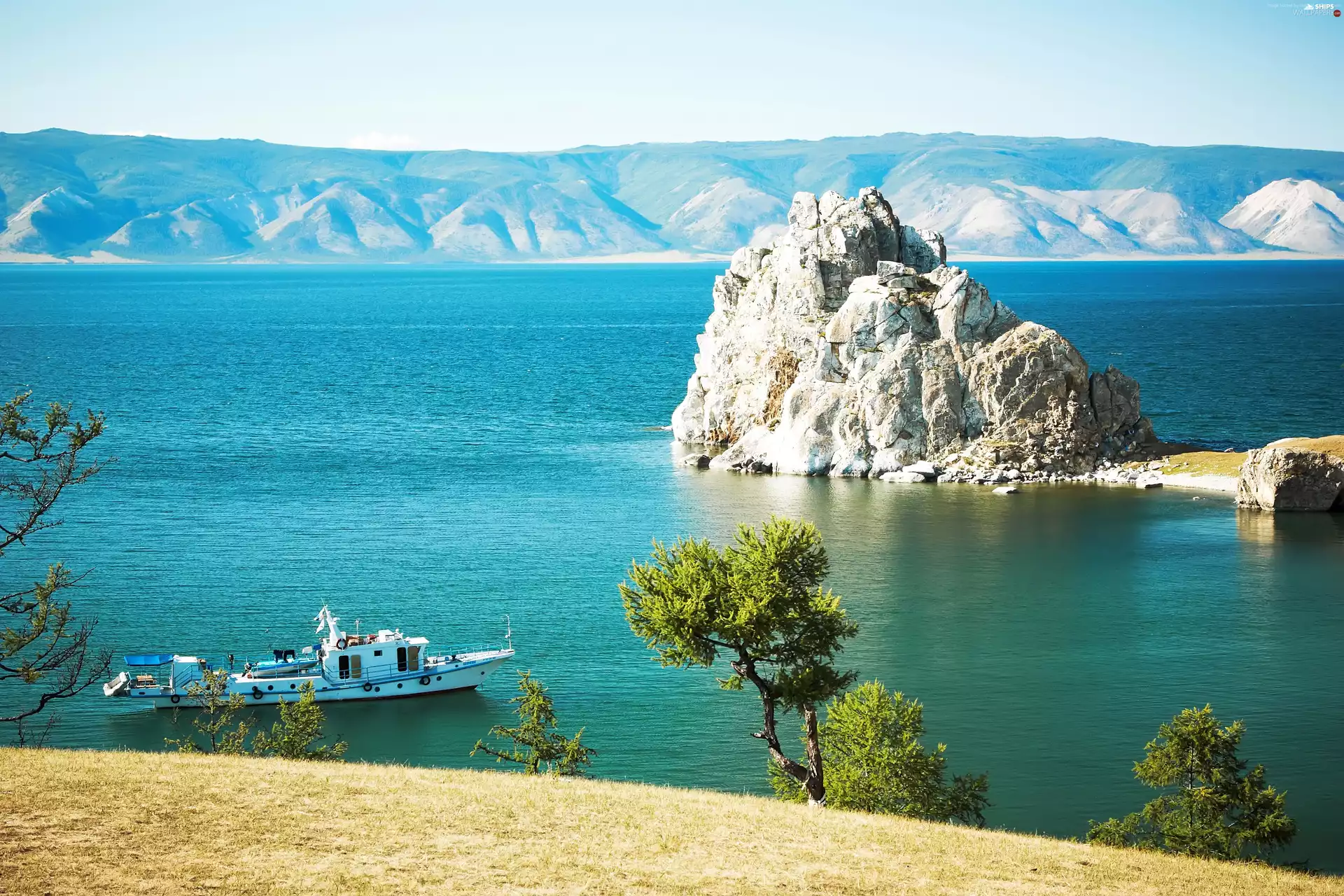 lake, rocks, Ship, Mountains