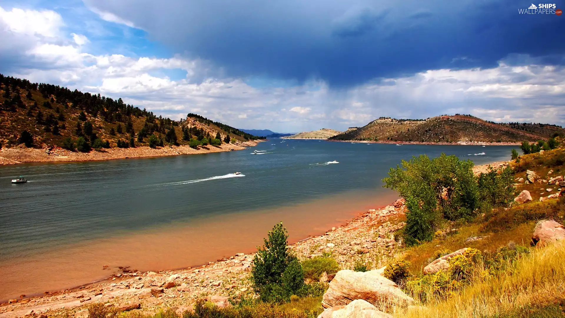 River, motorboat, Yachts, Mountains
