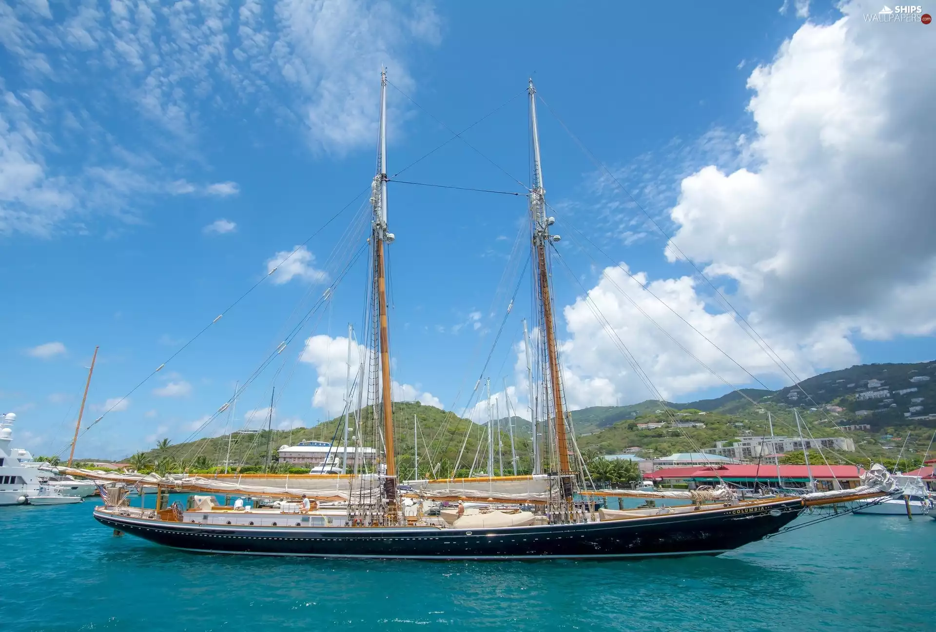 sailing vessel, sea, Mountains