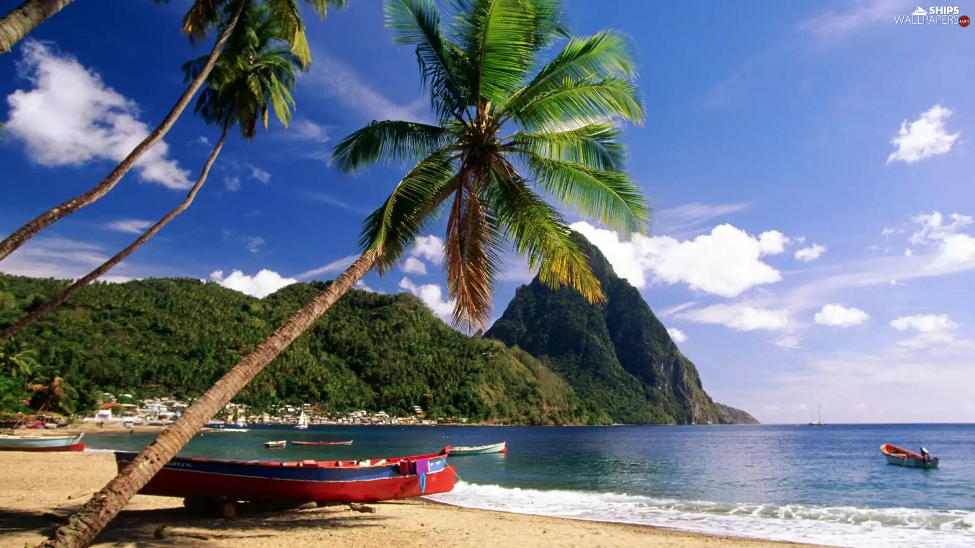 sea, boats, Palms, Mountains