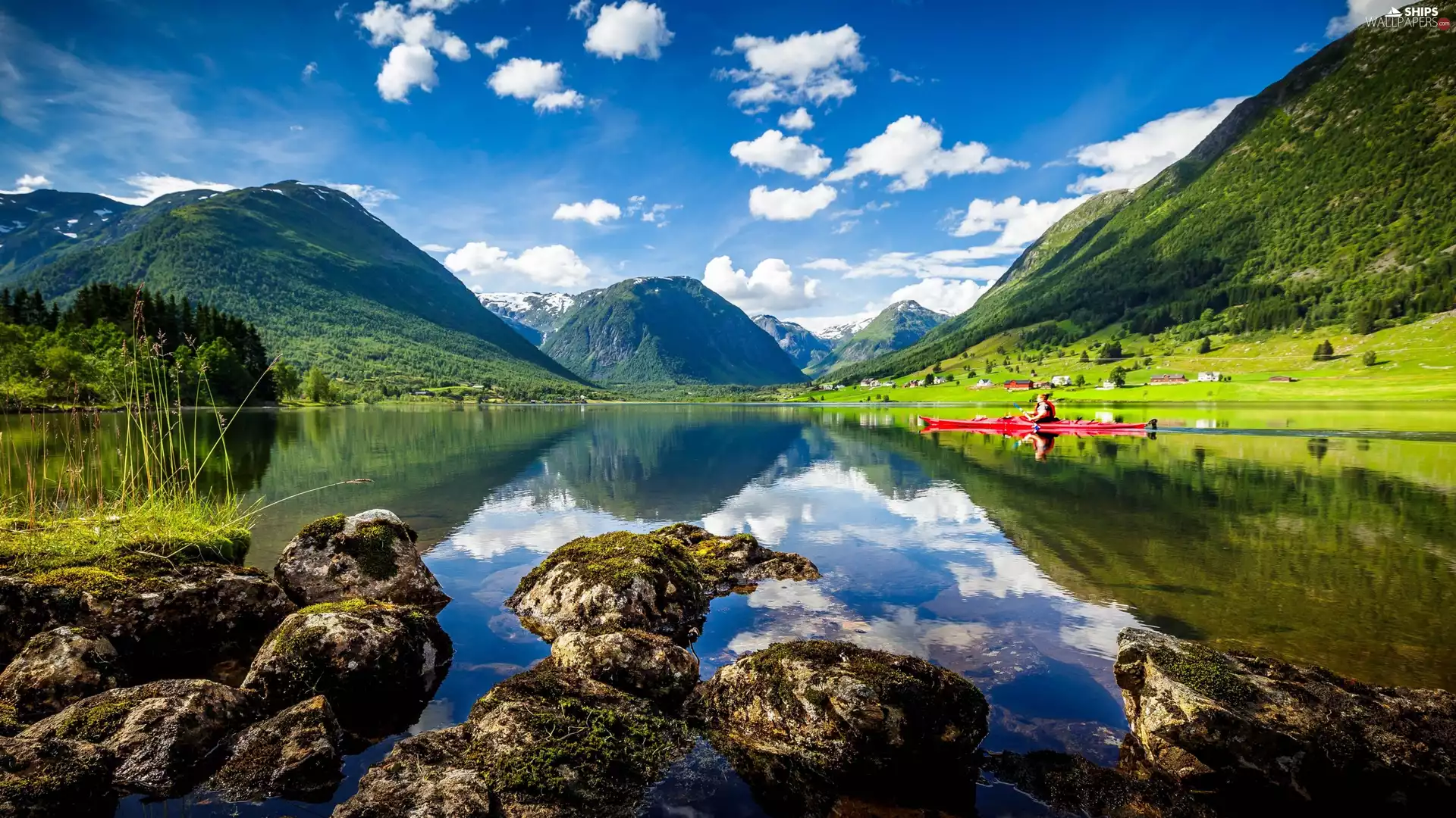 Mountains, Fiord Innvikfjorden, Canoeist, Sogn og Fjordane, Norway, Stones, Kayak
