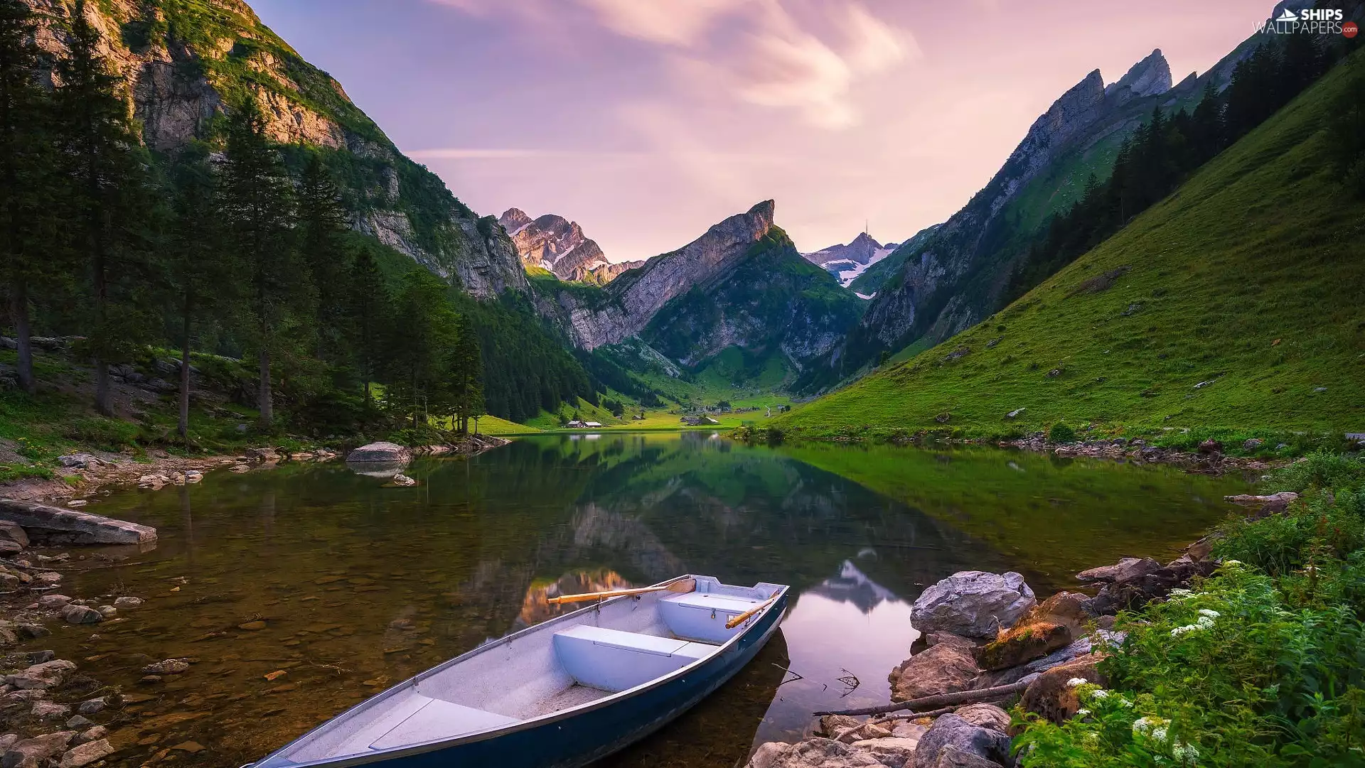 Mountains, Switzerland, Alps, Seealpsee Lake, Boat, Houses, trees, viewes, Stones