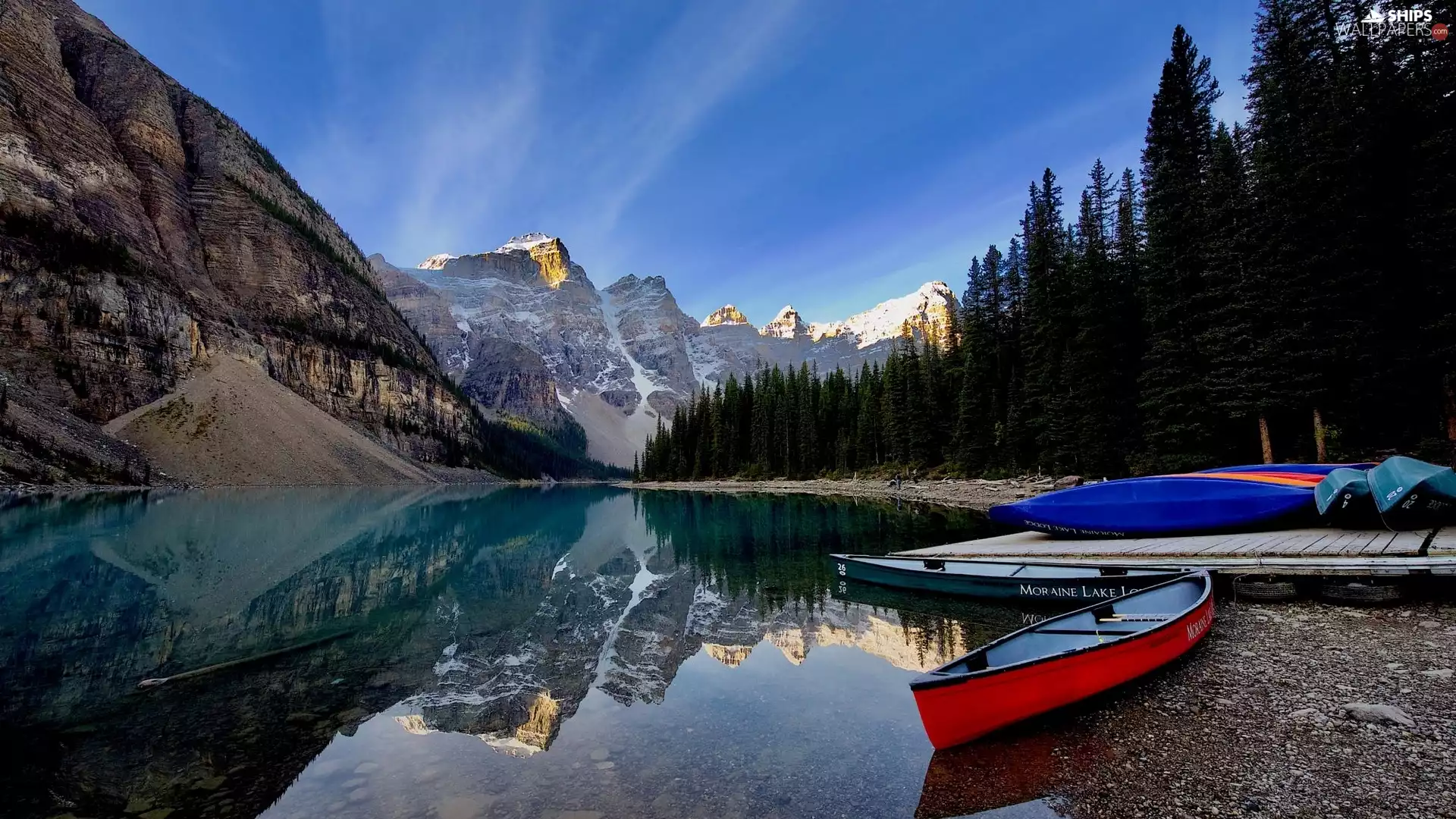 viewes, rocky mountains, lake, Alberta, Moraine Lake, Banff National Park, Kayaks, Canada, reflection, trees