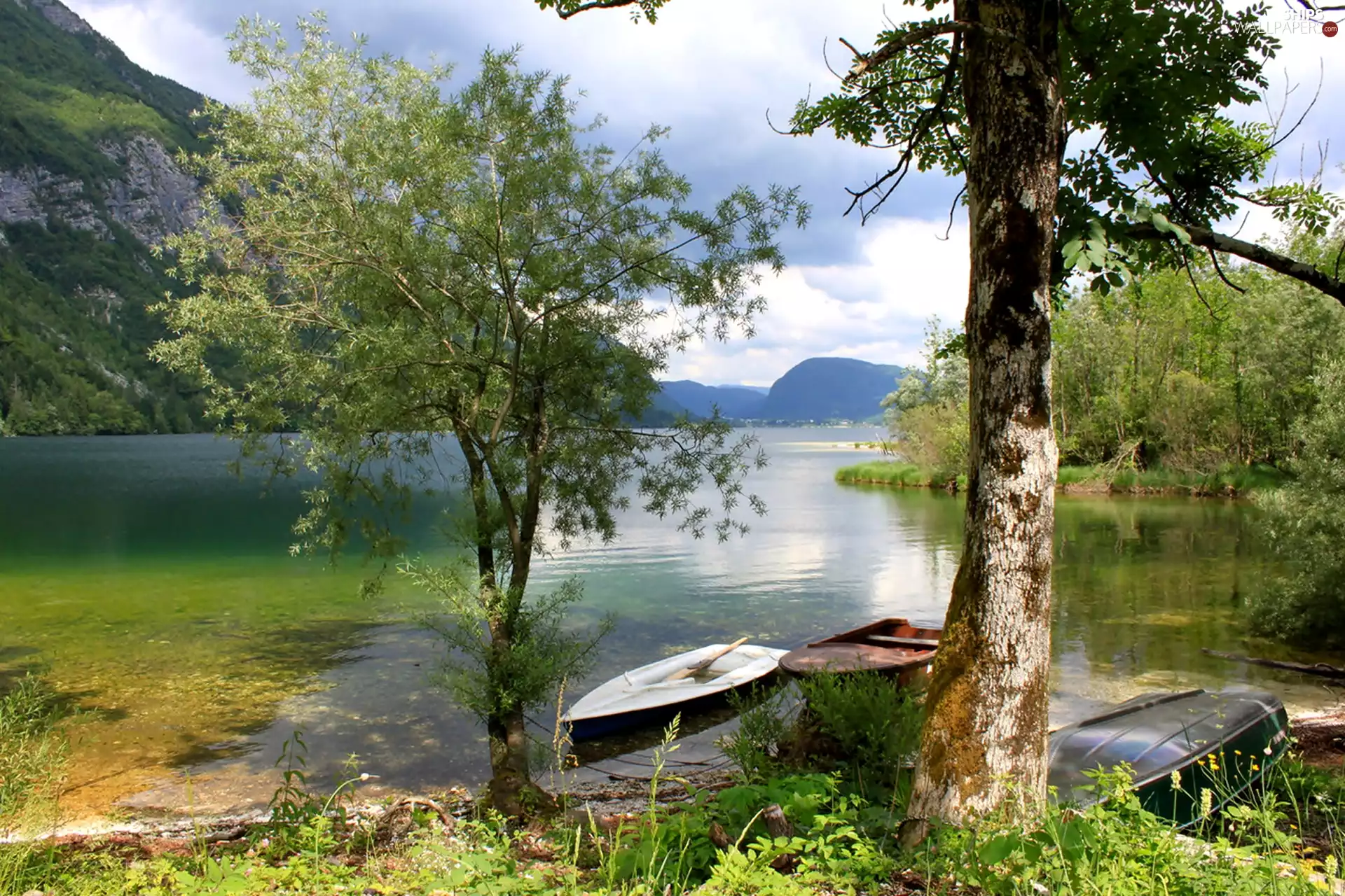 national, Park, Triglav, Mountains, trees, viewes, Bohinj, boats, lake