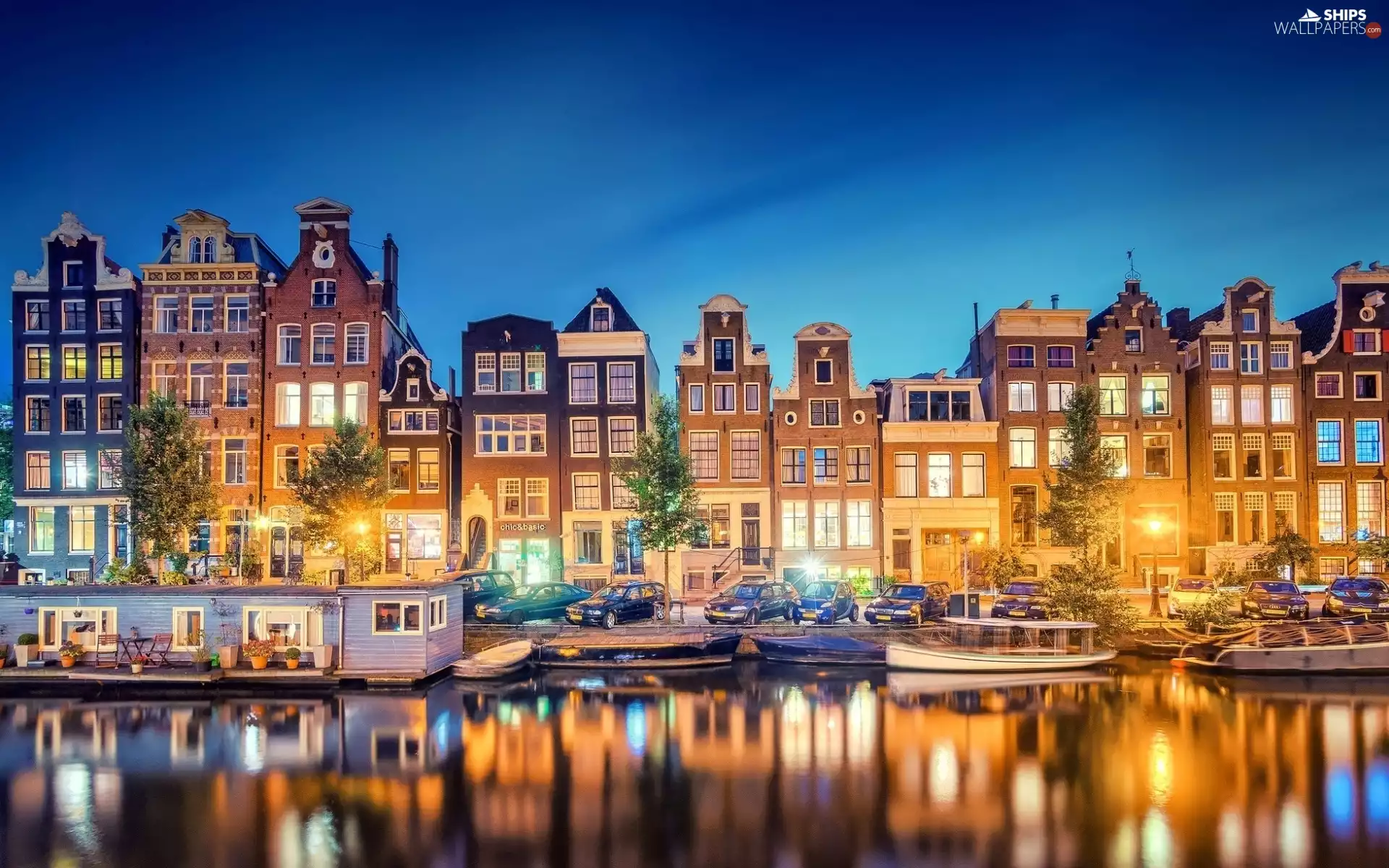 Houses, River, Amsterdam, Netherlands, lanterns, Boats