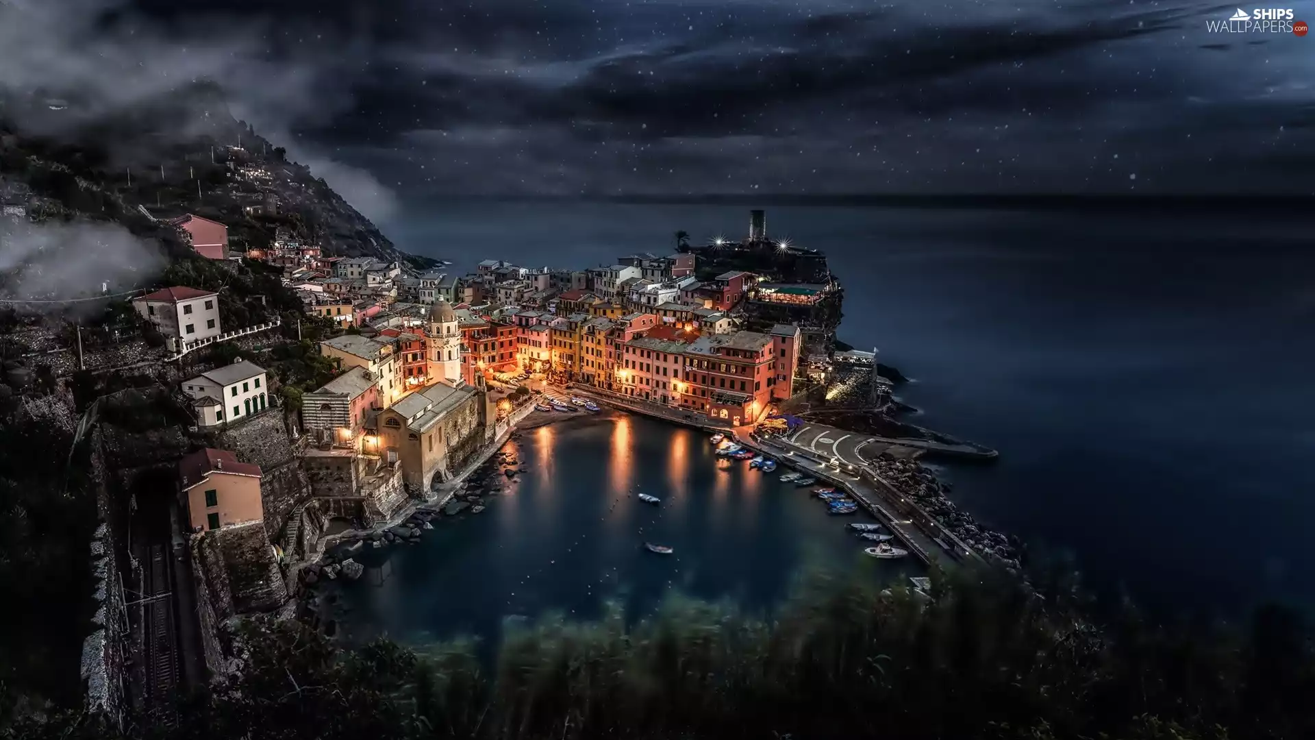 boats, City at Night, Italy, sea, Liguria