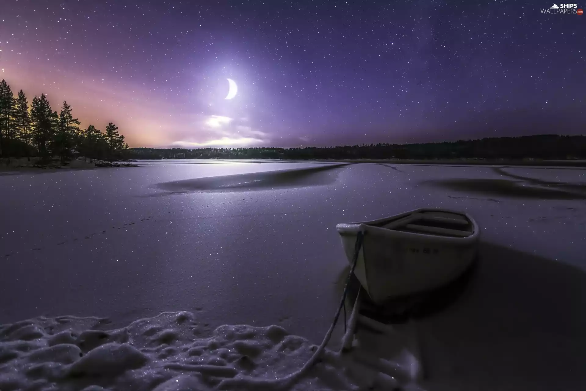 star, Night, lake, moon, Boat