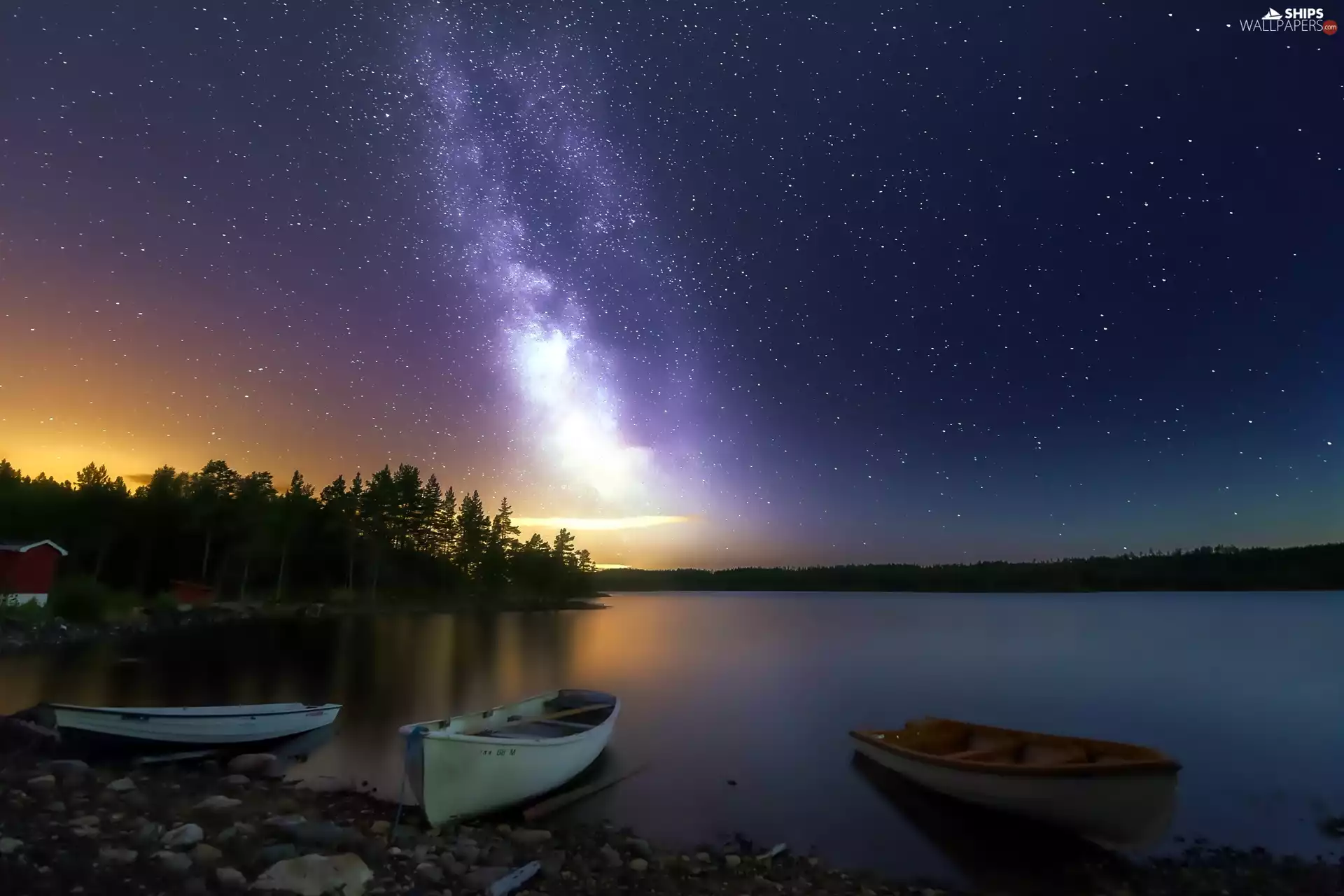 forest, boats, star, Night, Sky, lake
