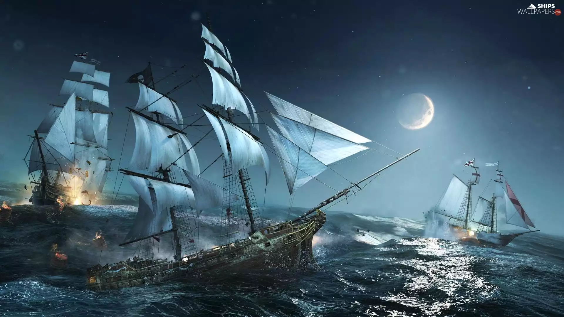 sea, Waves, sailboats, Night