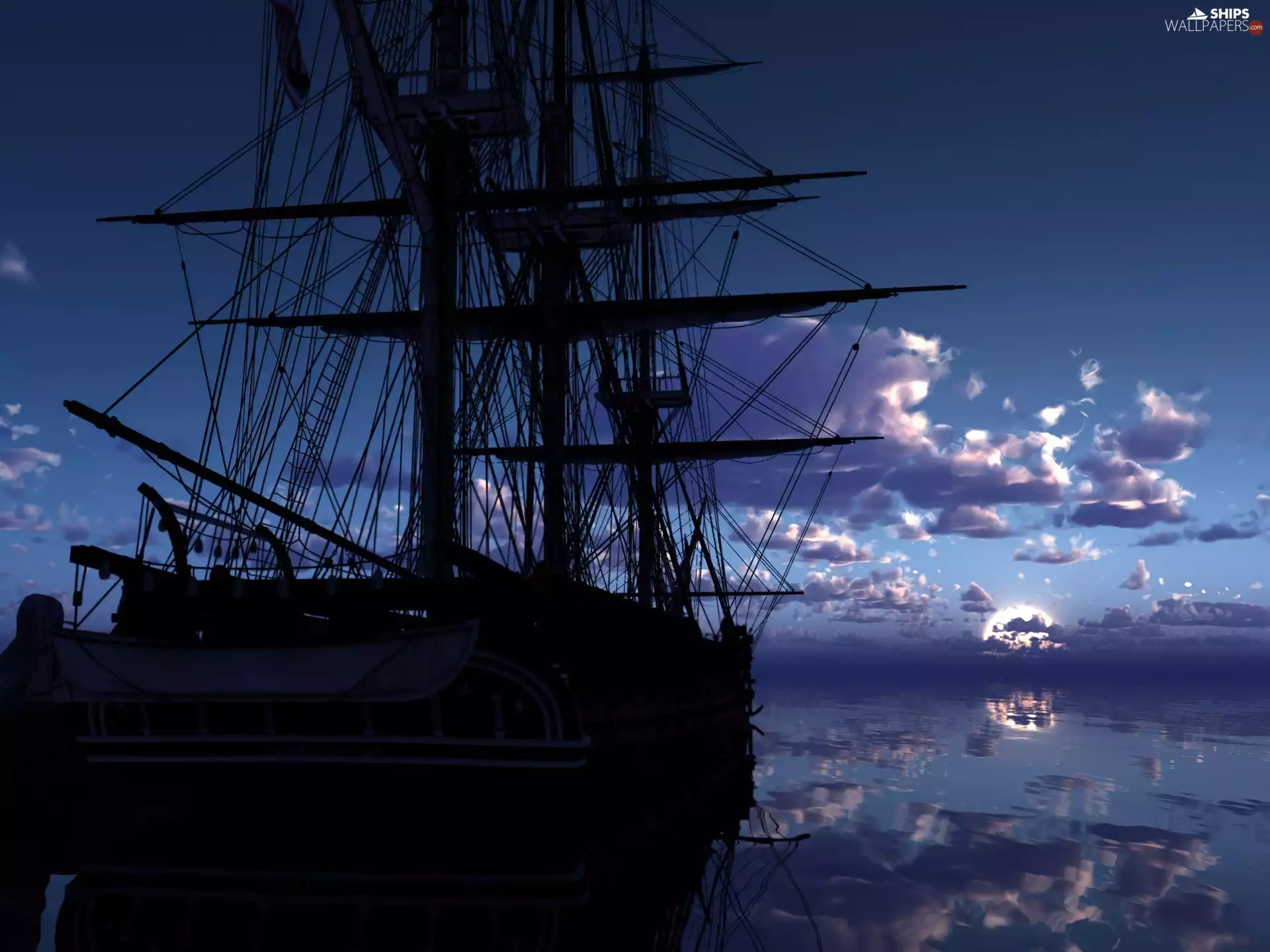 sea, sailing vessel, Night