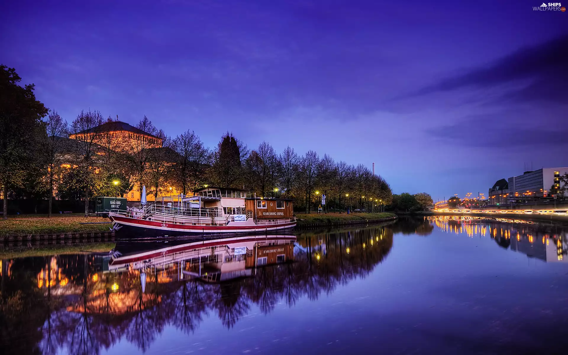 Town, Night, Ship, lanterns, River