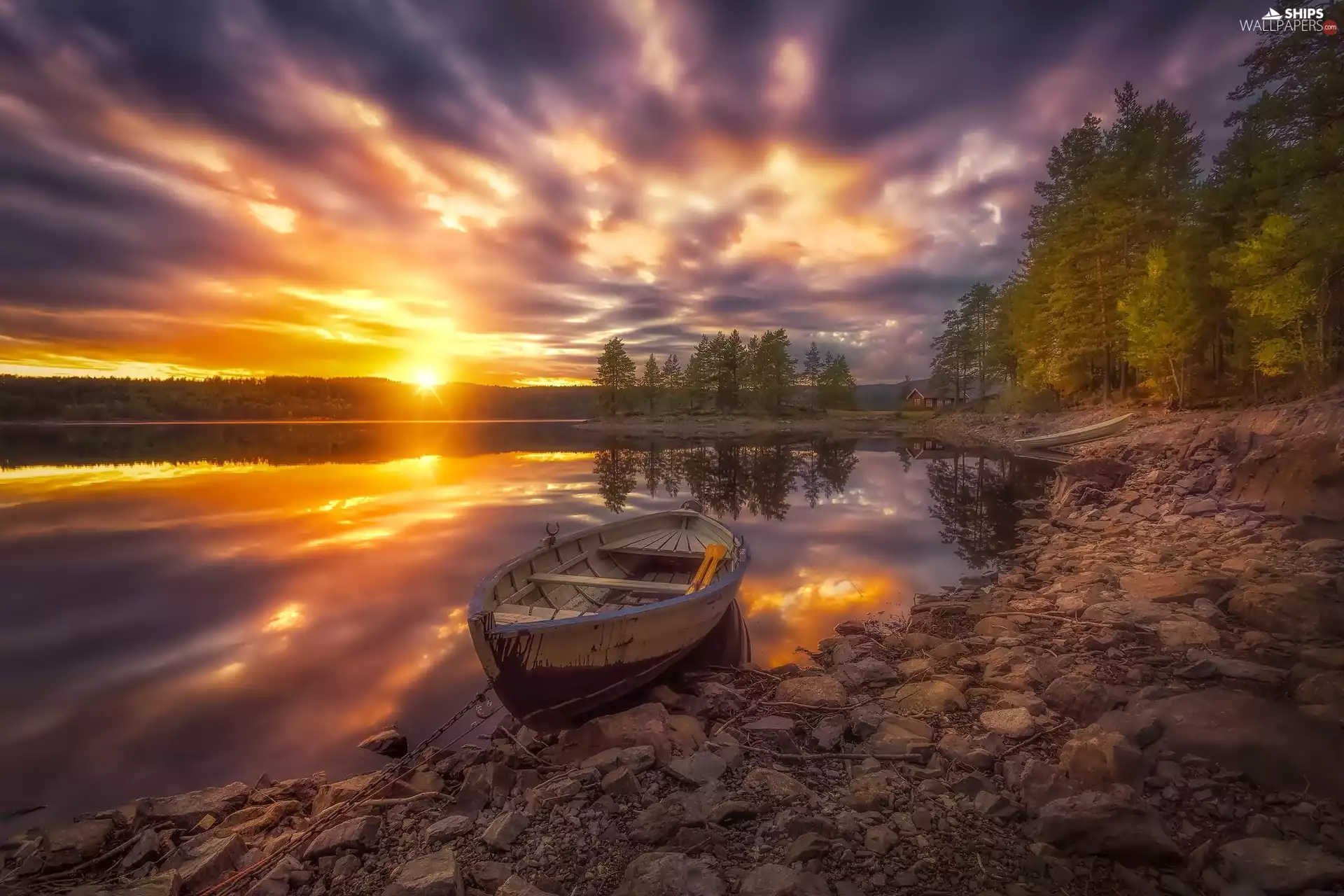 clouds, lake, Ringerike, forest, Boat, Great Sunsets, Norway