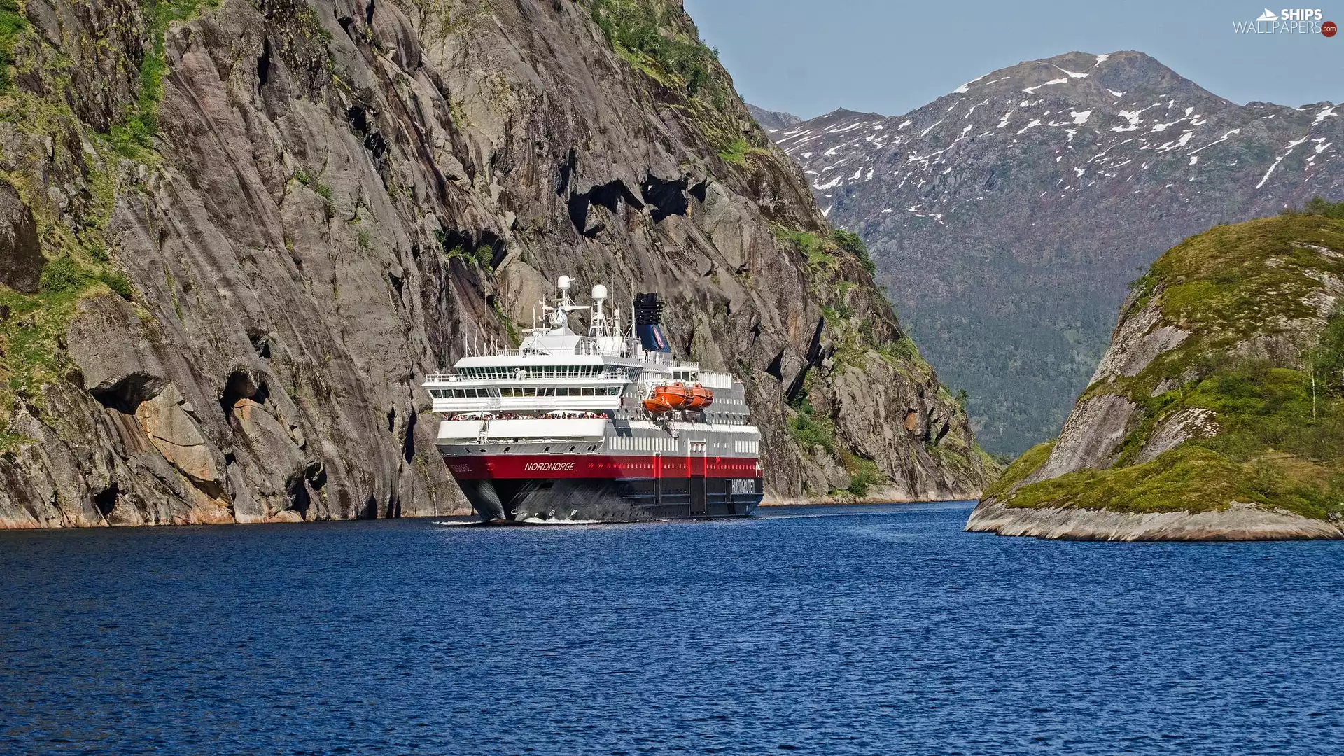 rocks, Norway, sea, Mountains, Ship