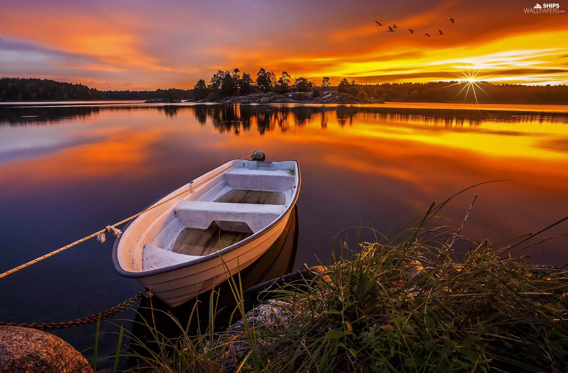 lake, west, rays of the Sun, Boat