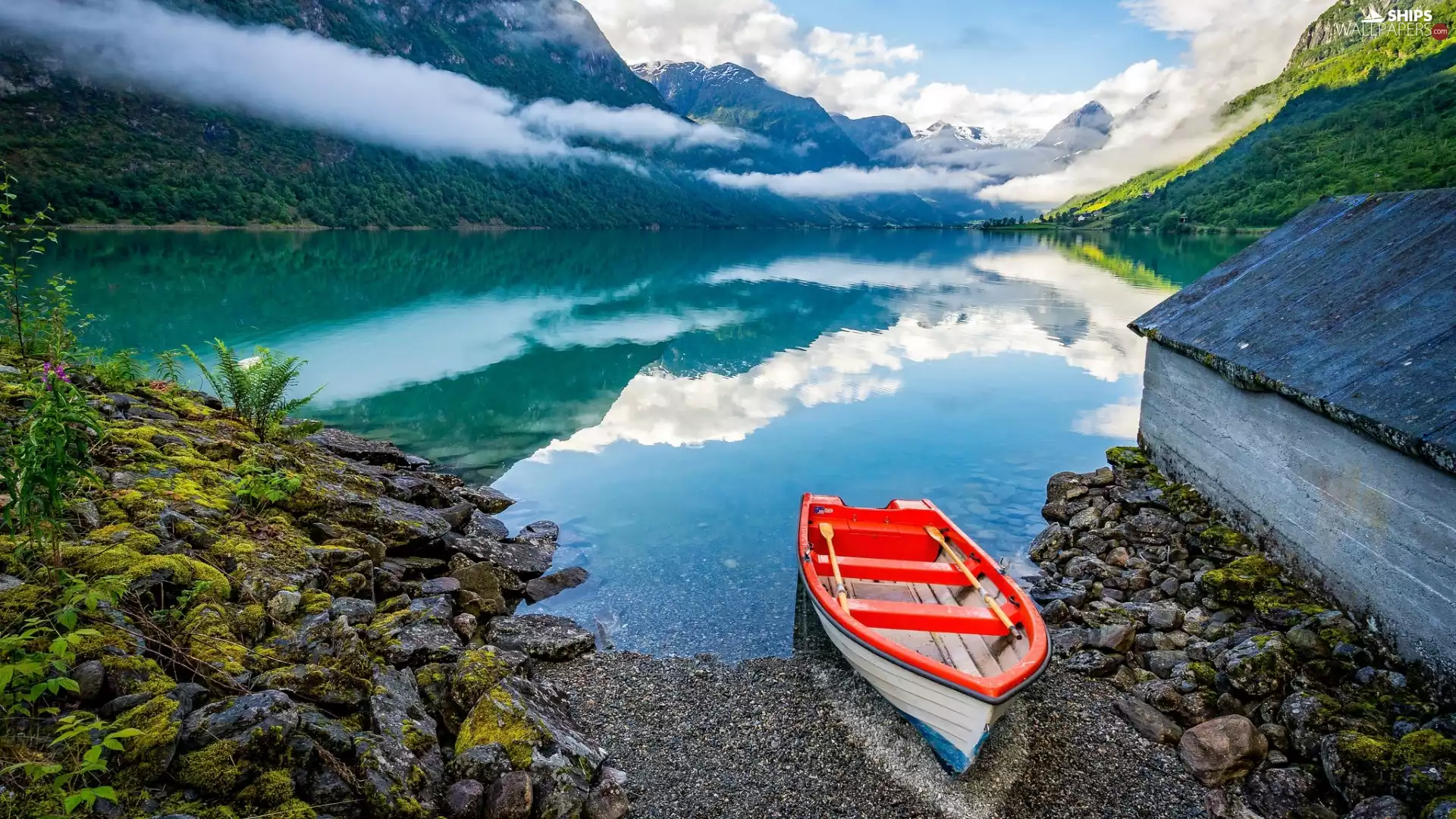 Fiord Innvikfjord, District of Sogn og Fjordane, Stones, Olden Village, Norway, Mountains, Boat