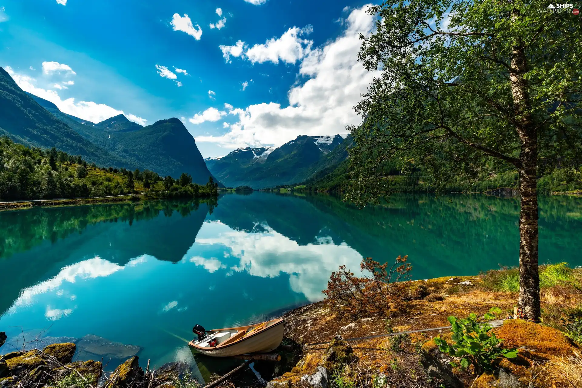 District of Sogn og Fjordane, Norway, lake, Mountains, Boat, reflection, viewes, clouds, trees