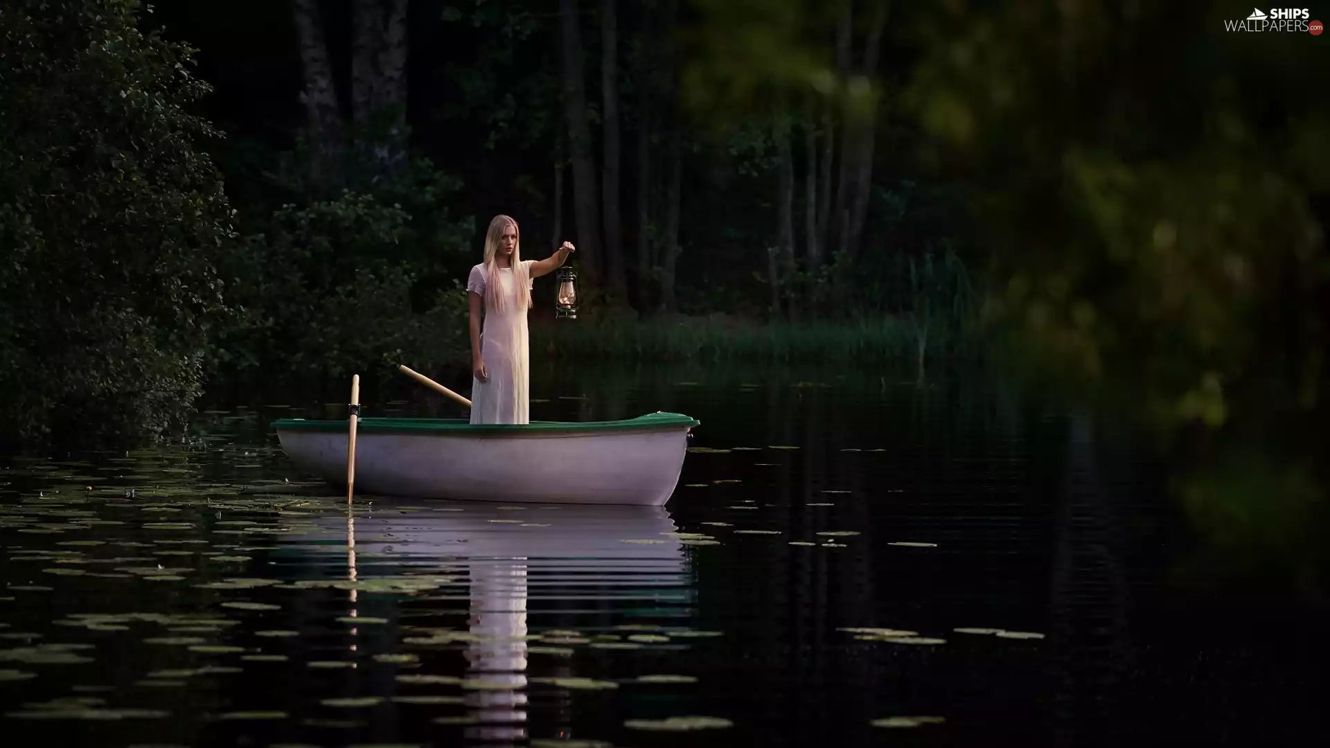 Pond - car, forest, Oil Lamp, Boat, Women