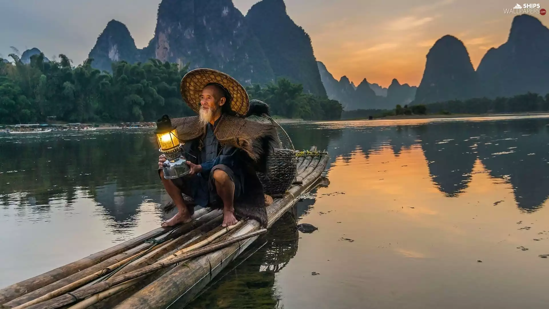 Old car, River, old man, Boat, Mountains, Human, Lamp