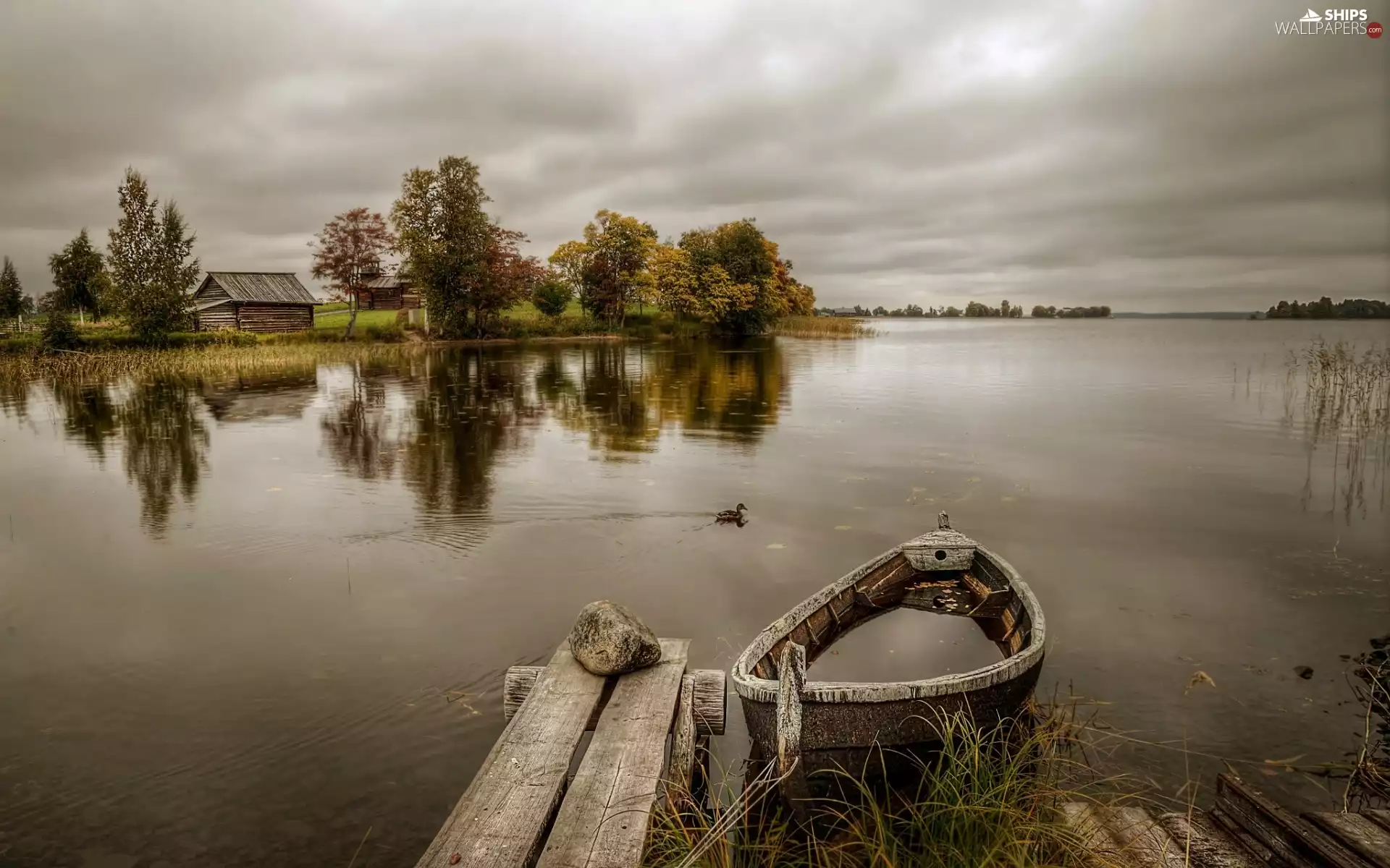 Old, lake, Boat, Platform, buildings, reflection, trees, viewes, duck