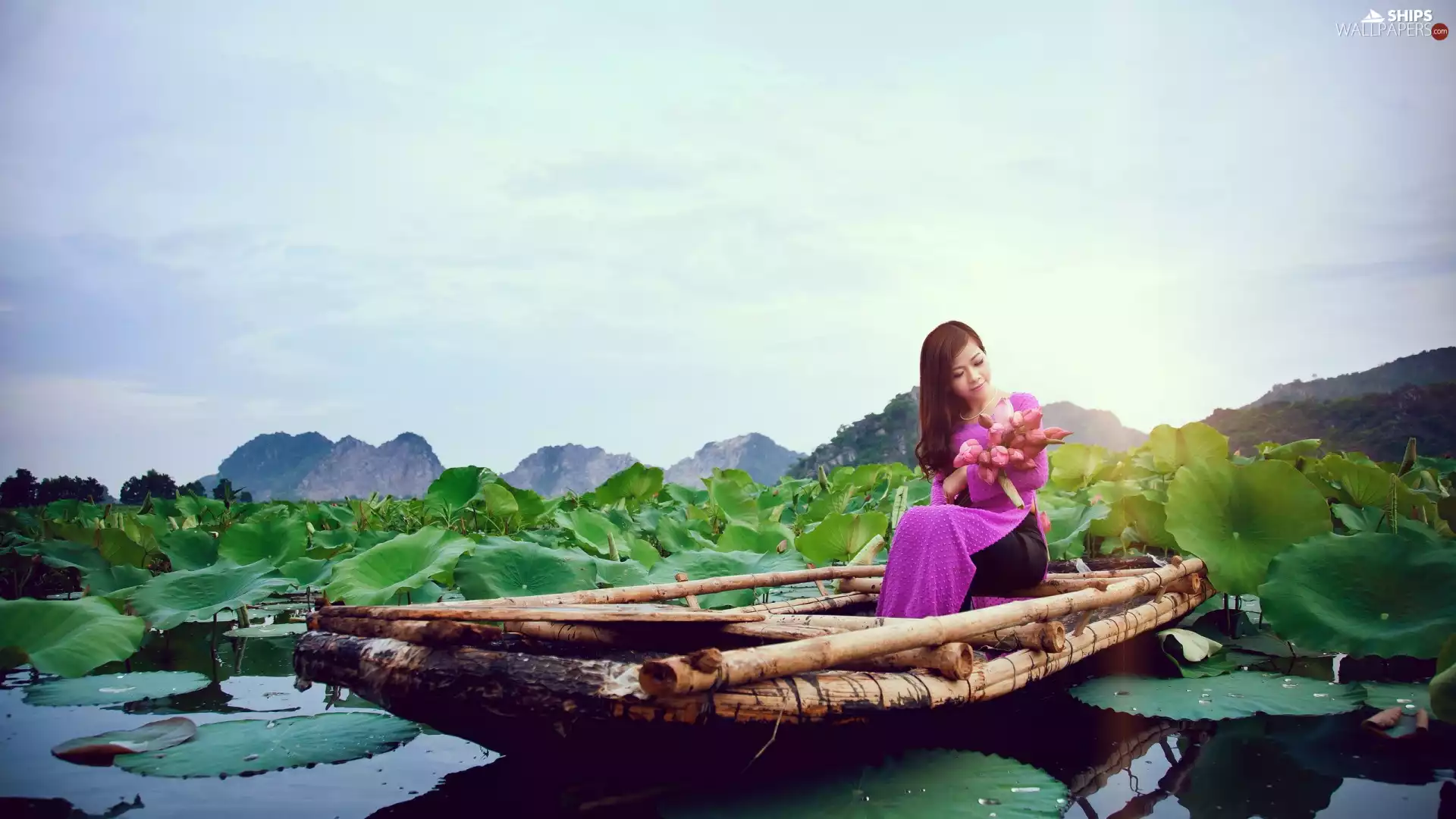 girl, Boat, green ones, Leaf, Flowers, Asian